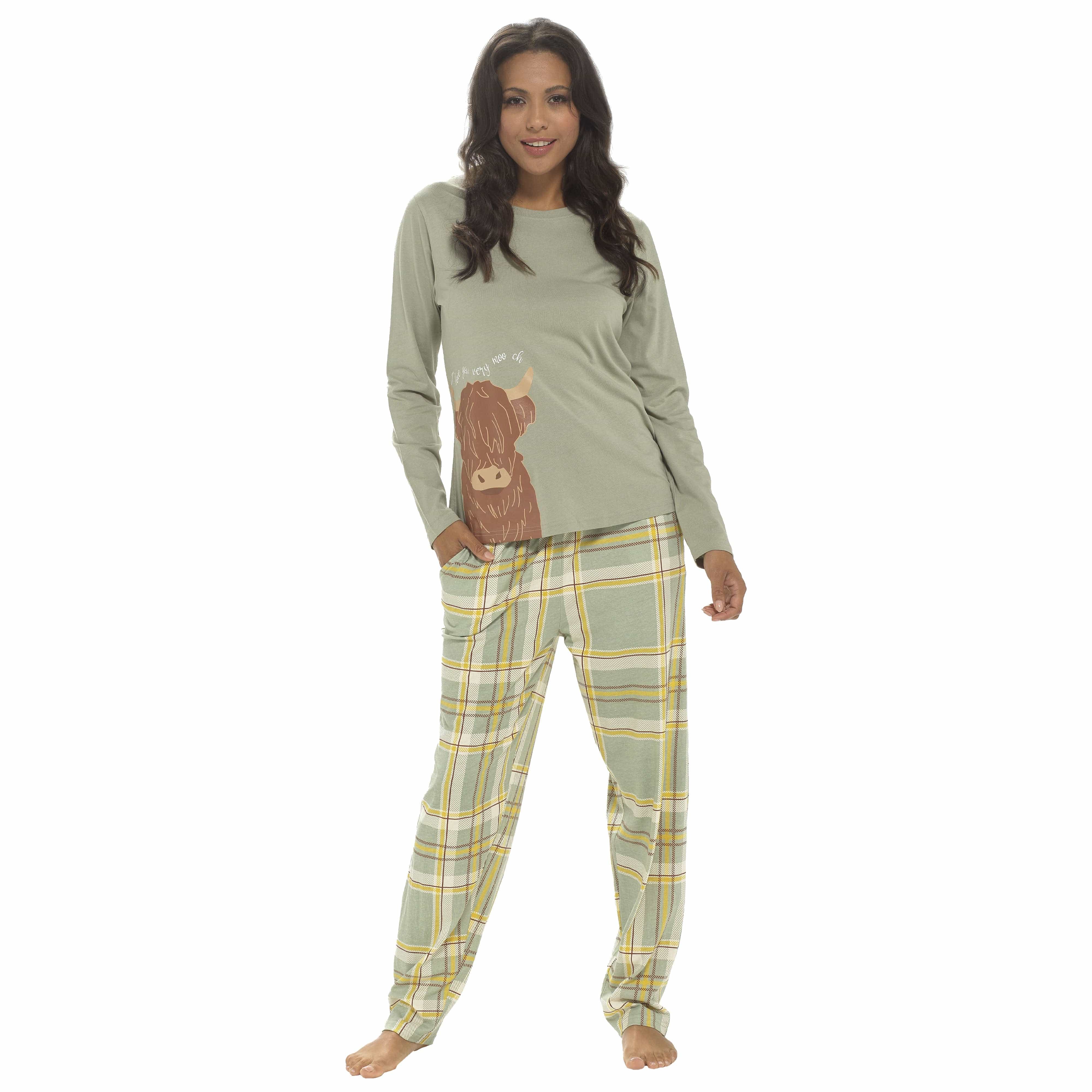 OLIVIA ROCCO Women's Highland Cow Cotton Jersey Pyjama Set Long Sleeve With Elasticated Waistband Lounge Wear PJs Daisy Dreamer