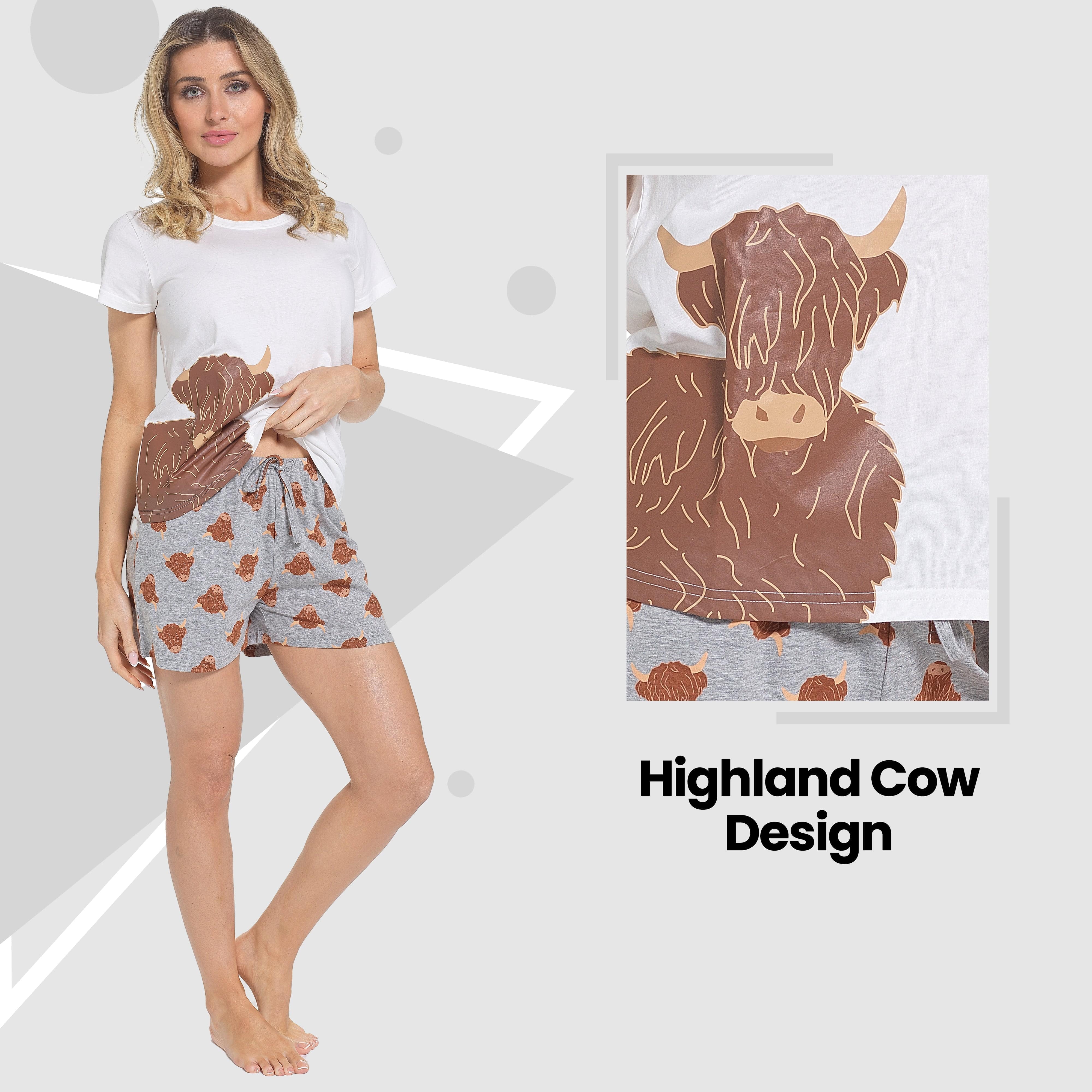 OLIVIA ROCCO Women's Highland Cow Pyjama Set T Shirt And Shorts PJs Soft Cotton Loungewear Daisy Dreamer Summer Sleepwear For Holidays