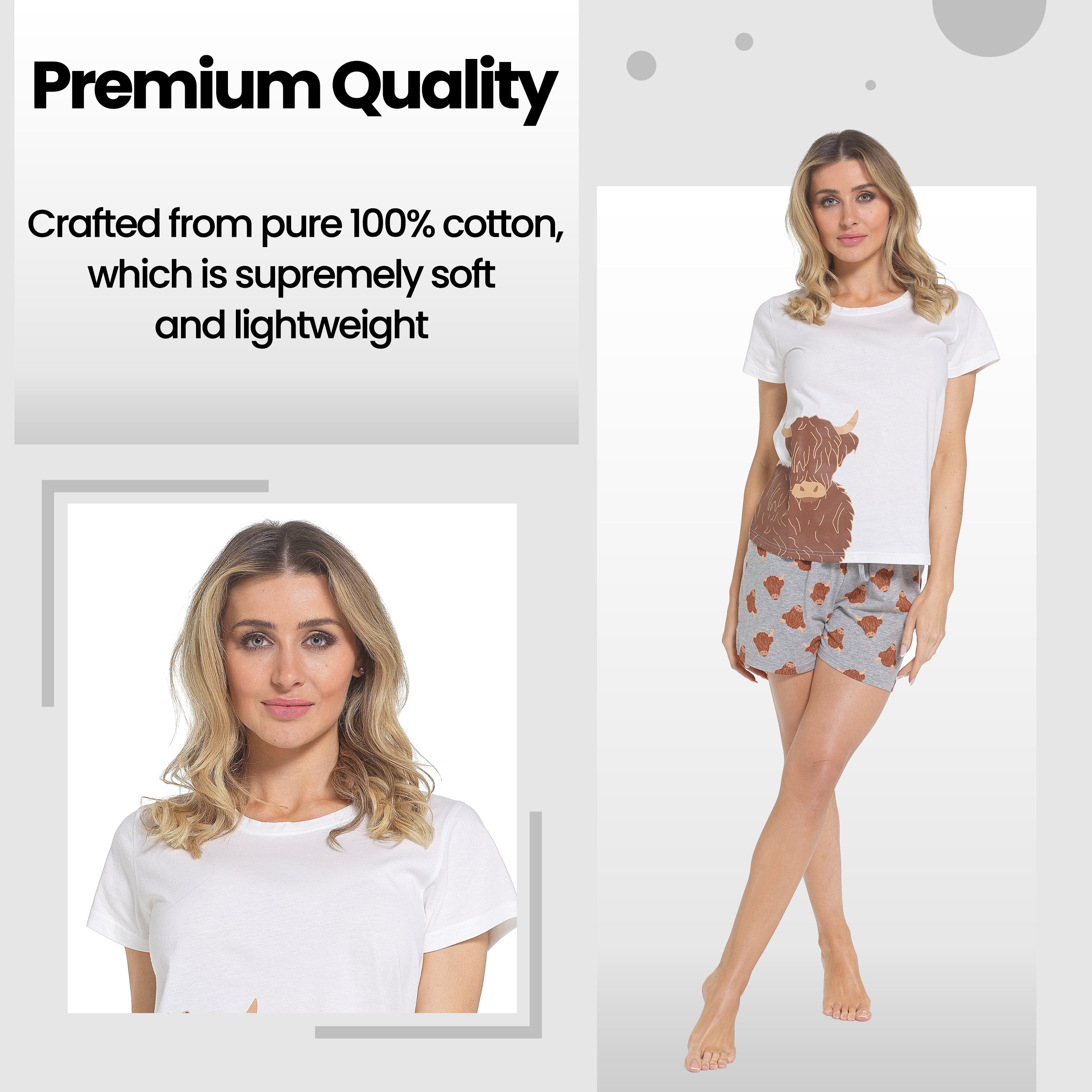 OLIVIA ROCCO Women's Highland Cow Pyjama Set T Shirt And Shorts PJs Soft Cotton Loungewear Daisy Dreamer Summer Sleepwear For Holidays