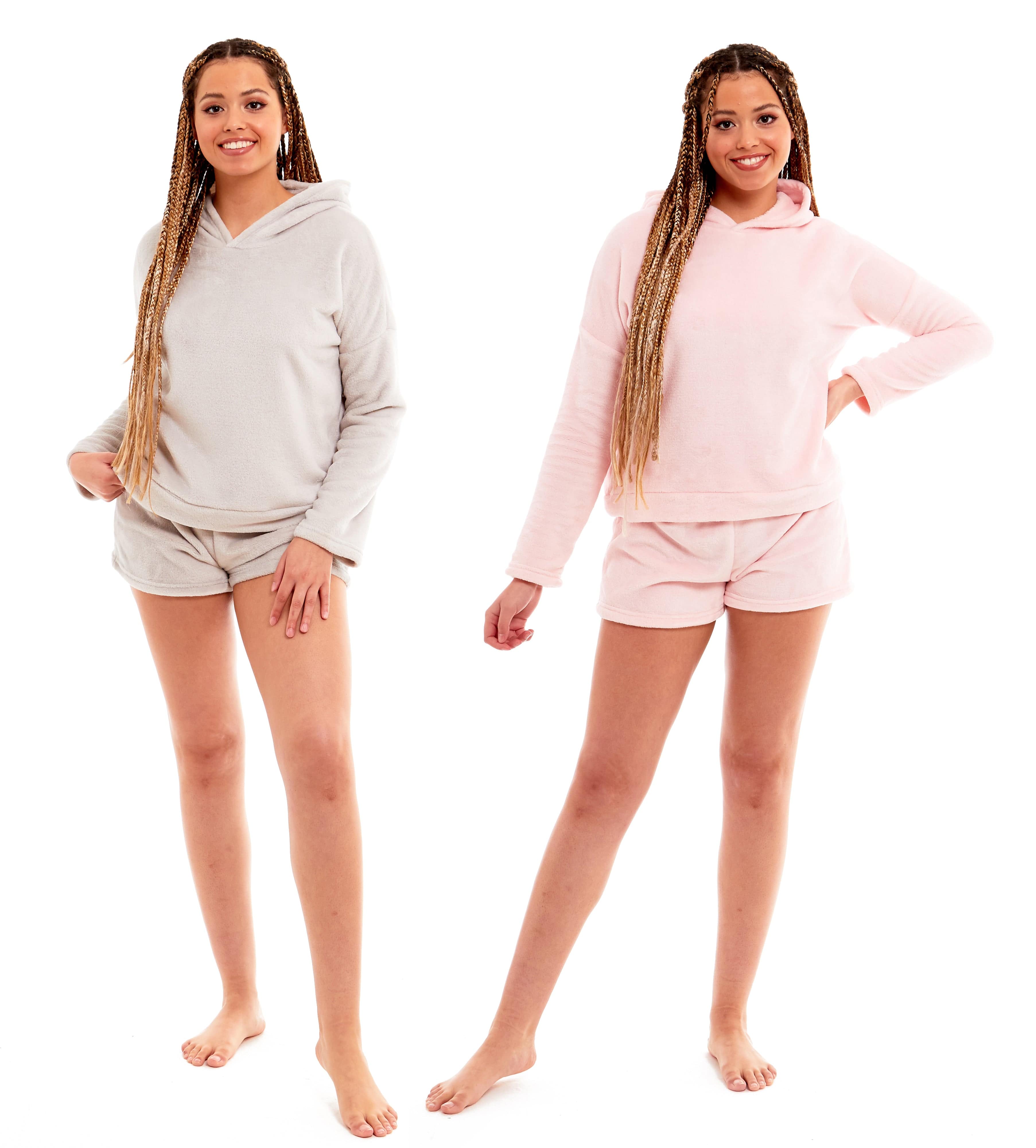 OLIVIA ROCCO Women's Hooded Fleece Top And Shorts Pyjama Loungewear Set Super Soft For Home Relaxation Sizes 8-22 Multiple Colours