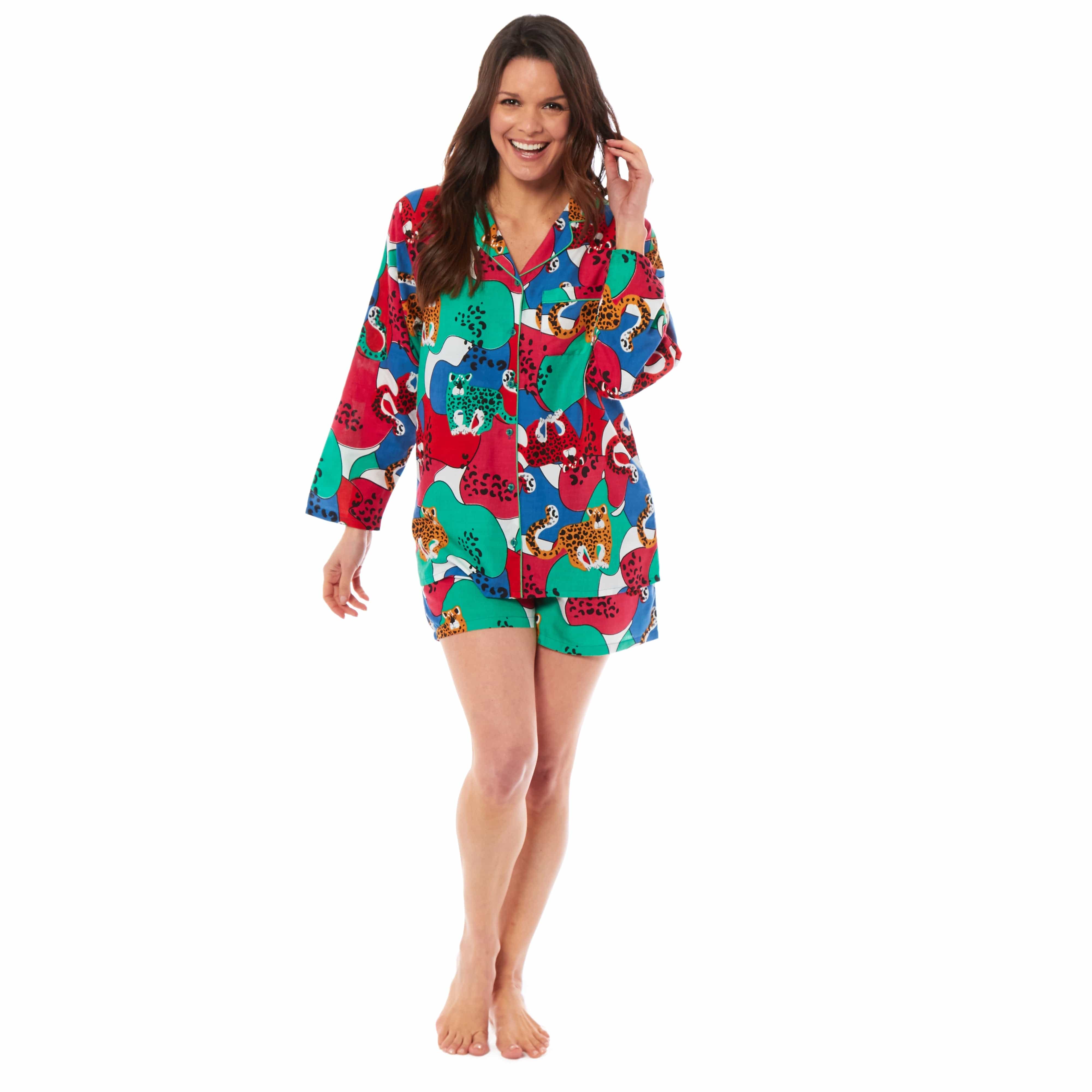 OLIVIA ROCCO Women's Jaguar Jungle Leopard Button-Up Short Pyjama Set - Soft Breathable Loungewear, Sizes S-XL, Soft CottonBlend For All Night Comfort