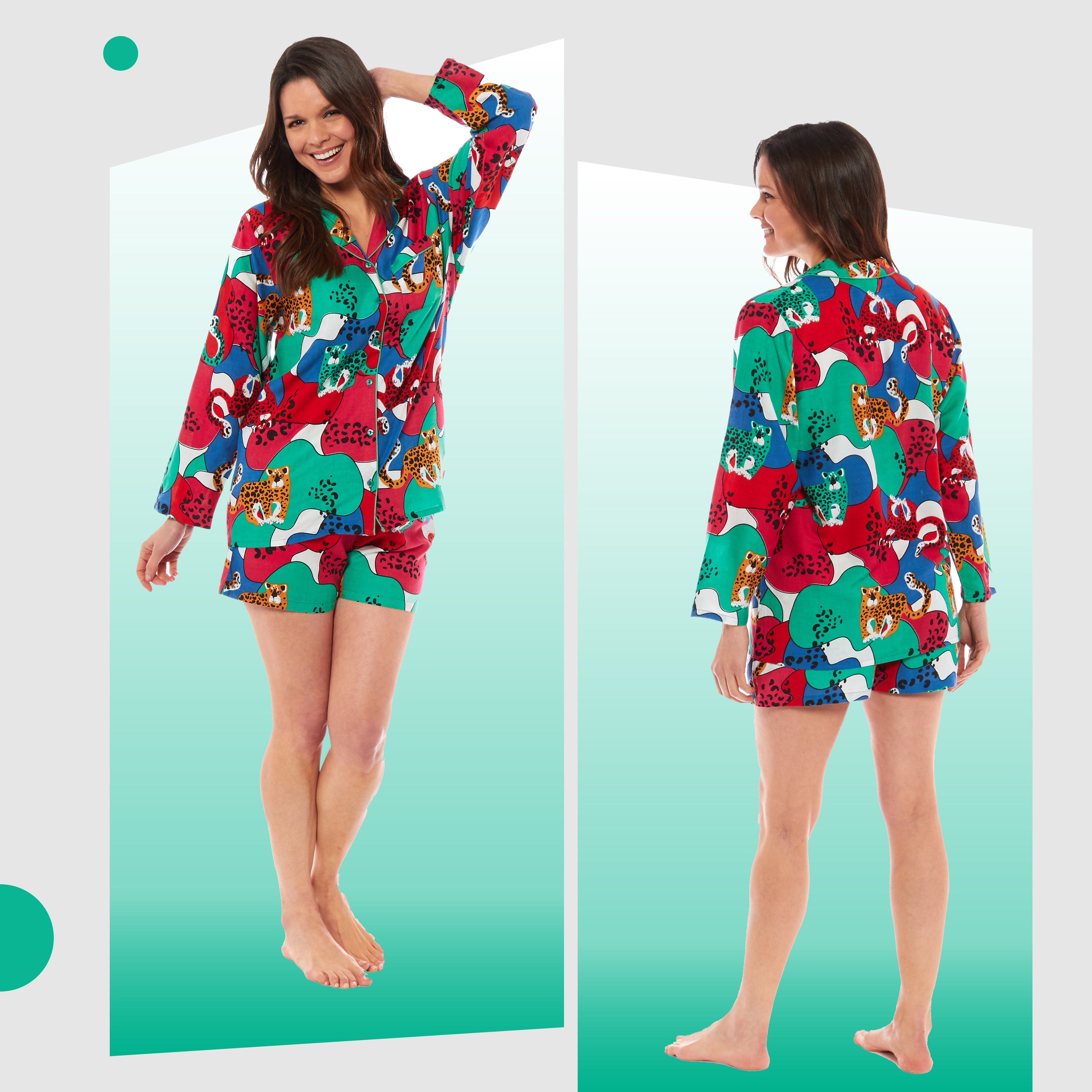 OLIVIA ROCCO Women's Jaguar Jungle Leopard Button-Up Short Pyjama Set - Soft Breathable Loungewear, Sizes S-XL, Soft CottonBlend For All Night Comfort