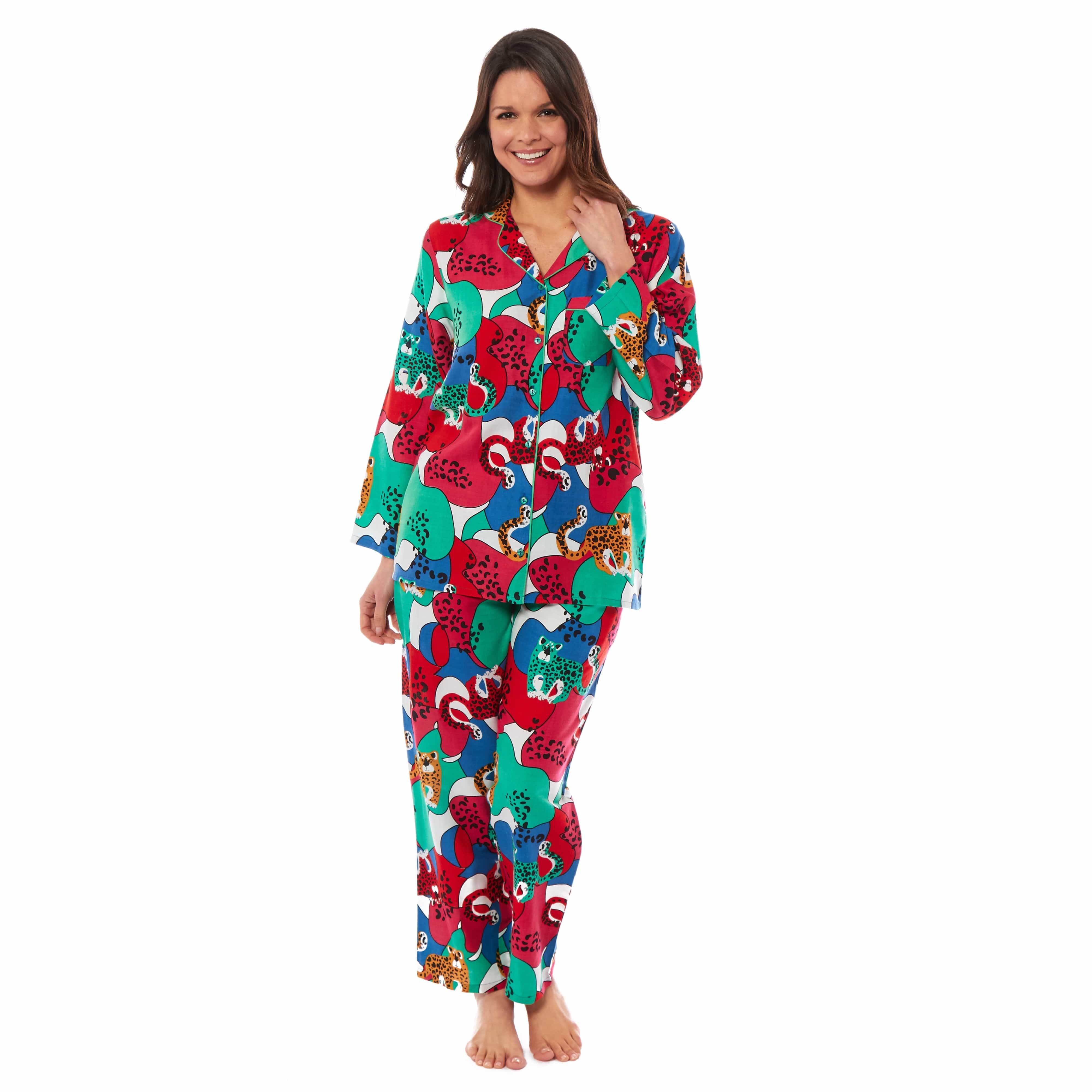 OLIVIA ROCCO Leopard Print Button Up Pyjama Set in Soft Breathable Viscose Sleepwear for Women Daisy Dreamer Sizes S M L XL