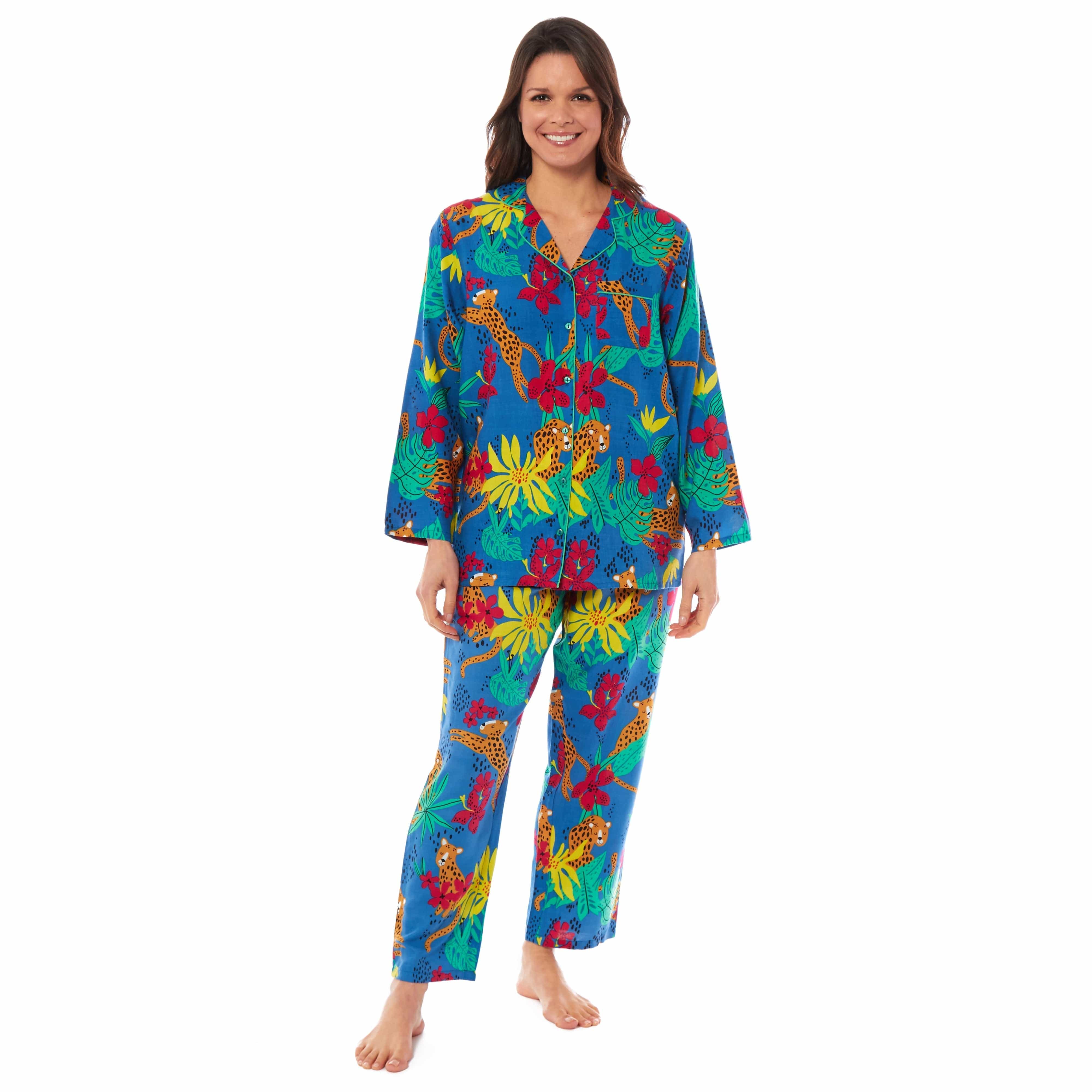 OLIVIA ROCCO Leopard Print Button Up Pyjama Set in Soft Breathable Viscose Sleepwear for Women Daisy Dreamer Sizes S M L XL