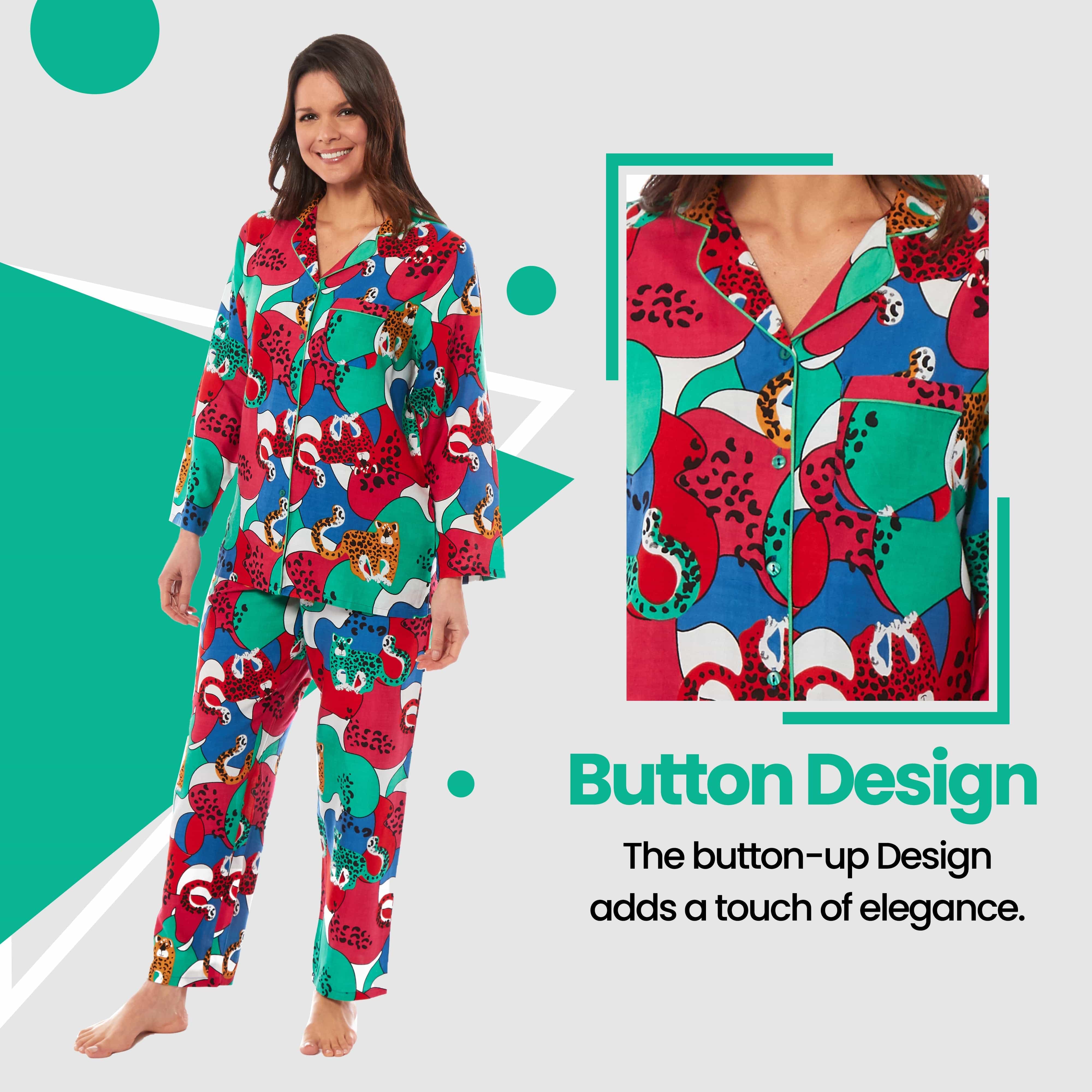 OLIVIA ROCCO Leopard Print Button Up Pyjama Set in Soft Breathable Viscose Sleepwear for Women Daisy Dreamer Sizes S M L XL