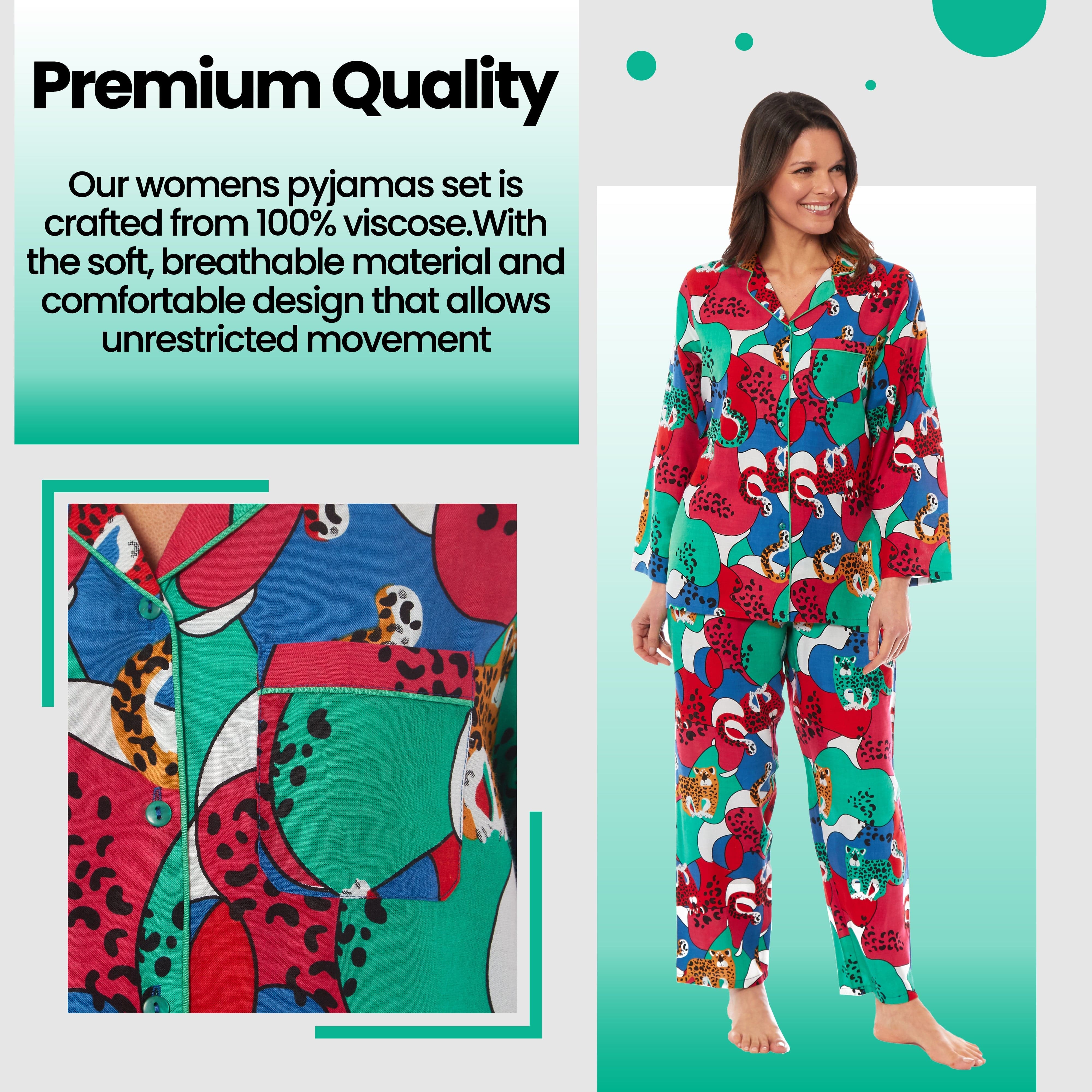 OLIVIA ROCCO Leopard Print Button Up Pyjama Set in Soft Breathable Viscose Sleepwear for Women Daisy Dreamer Sizes S M L XL