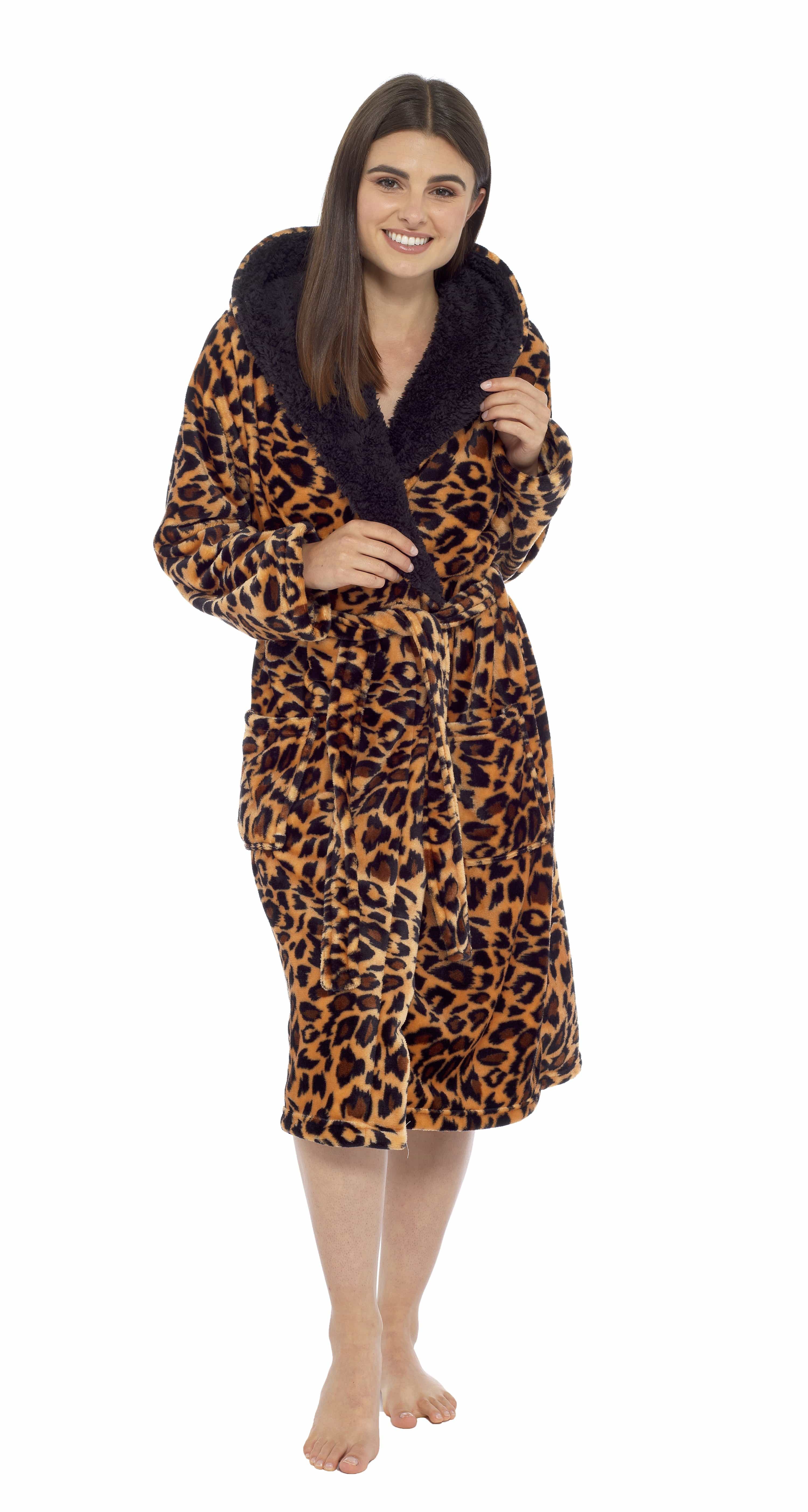 OLIVIA ROCCO Women's Leopard Plush F fleece Hooded Robe With Sherpa Lining, Cozy Thermal Nightwear, UK Sizes 8-22, Daisy Dreamer
