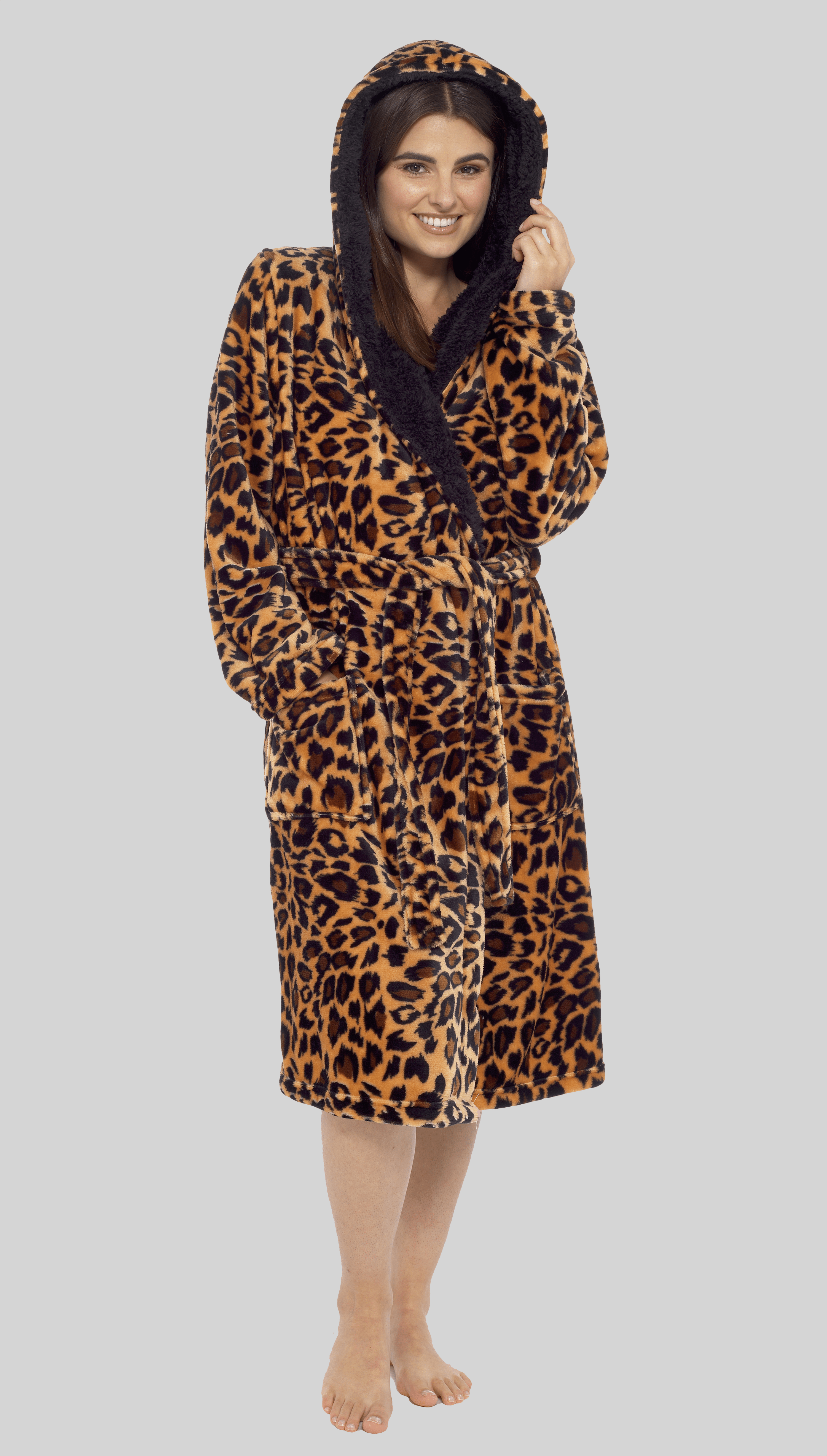 OLIVIA ROCCO Women's Leopard Plush F fleece Hooded Robe With Sherpa Lining, Cozy Thermal Nightwear, UK Sizes 8-22, Daisy Dreamer