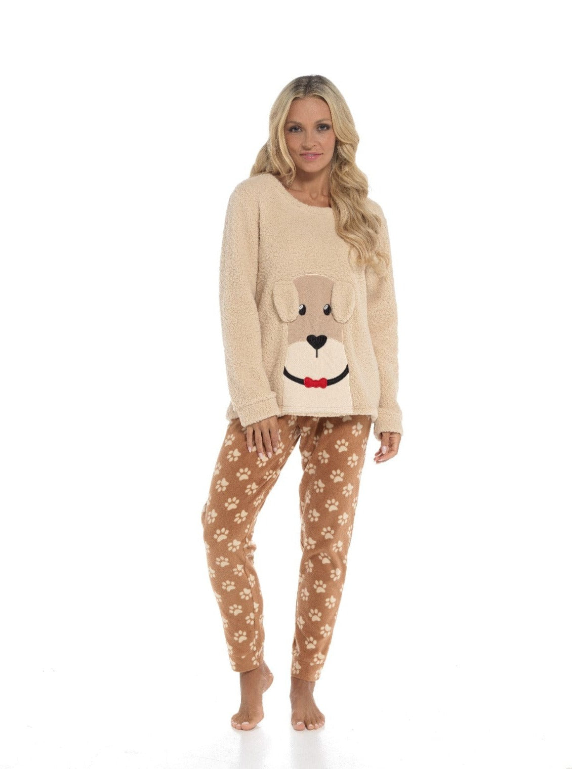 OLIVIA ROCCO Women's Fleece Pyjama Set Dog Snuggle Design Long Sleeve Top Patterned Bottoms Loungewear Sleepwear Size Range