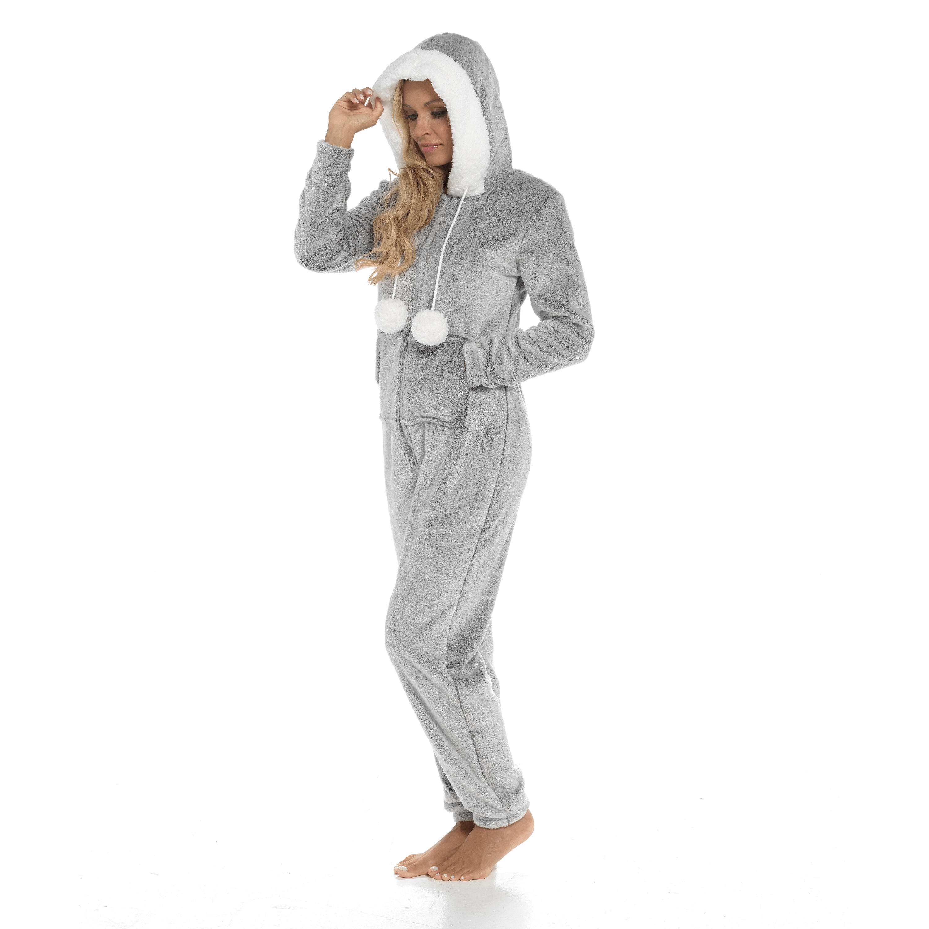 OLIVIA ROCCO Womens Shimmer Fleece Hooded Onesie With Zip Pockets Pompom Detail Soft Plush Fleece Lining All In One Sleepwear