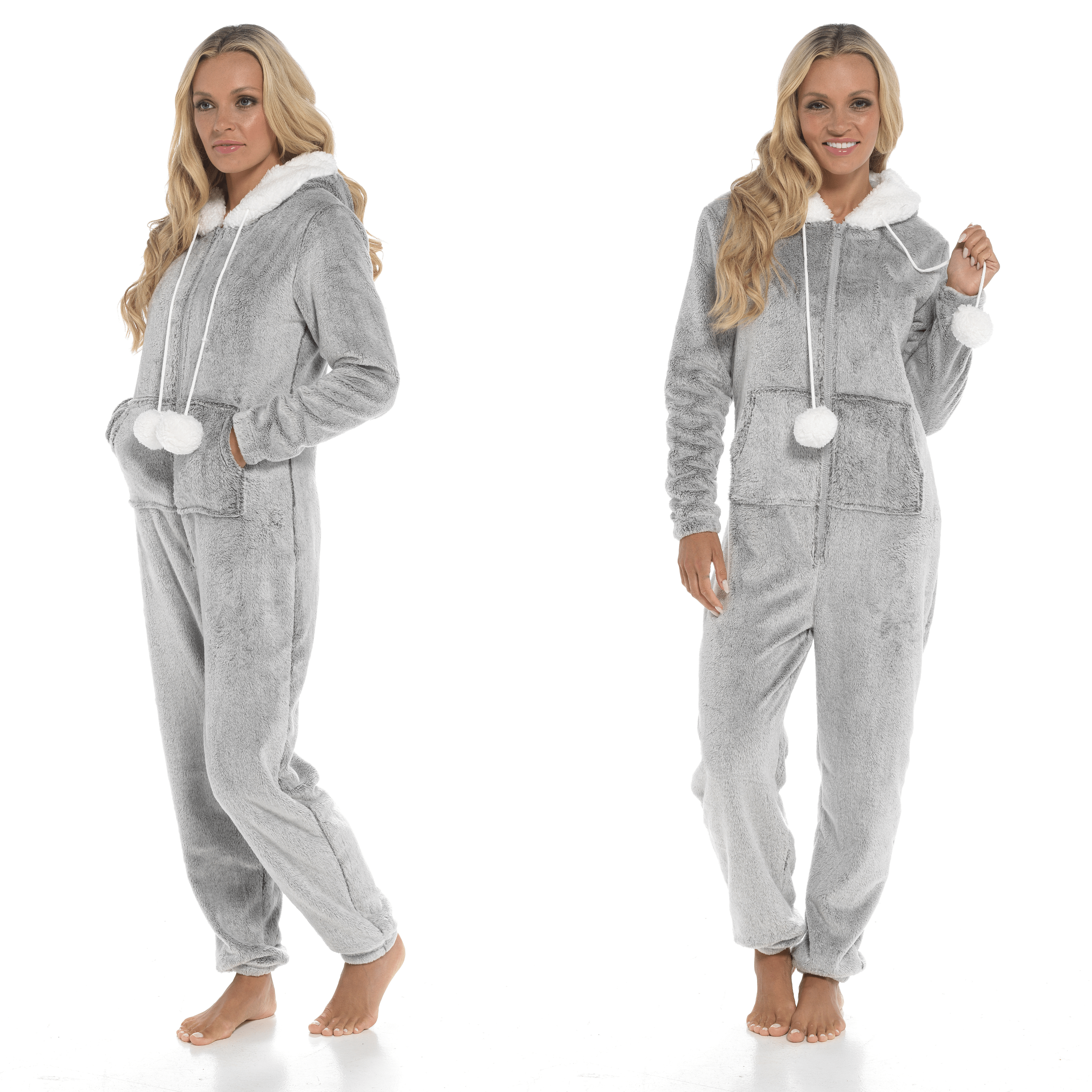 OLIVIA ROCCO Womens Shimmer Fleece Hooded Onesie With Zip Pockets Pompom Detail Soft Plush Fleece Lining All In One Sleepwear