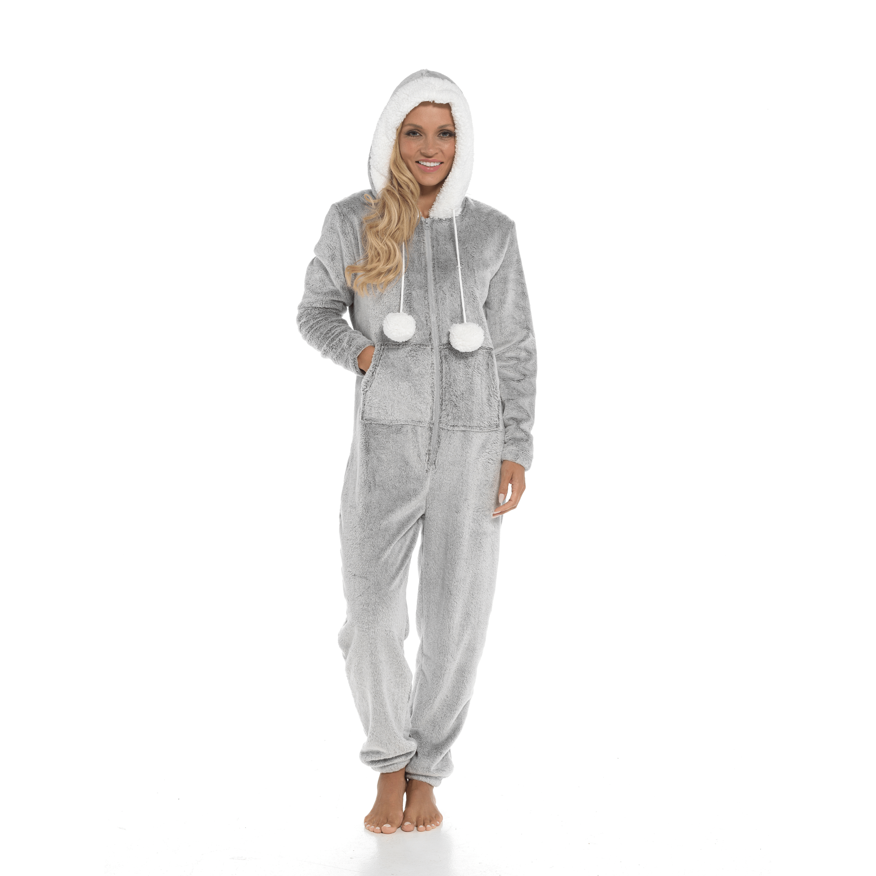OLIVIA ROCCO Womens Shimmer Fleece Hooded Onesie With Zip Pockets Pompom Detail Soft Plush Fleece Lining All In One Sleepwear