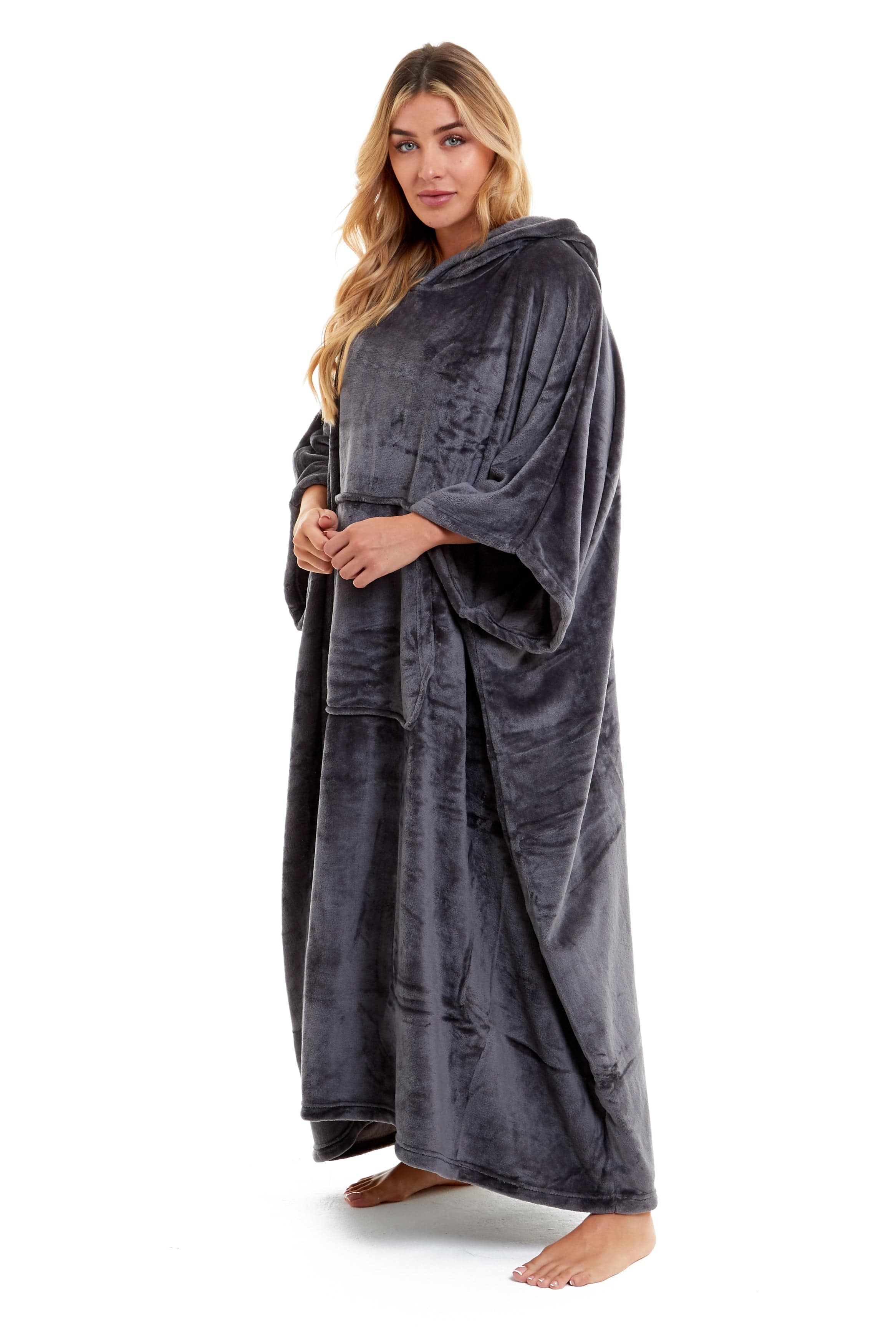 OLIVIA ROCCO Women's Oversized Hooded Poncho Blanket Plush Fleece Navy Charcoal With Double Front Pocket Indoor Outdoor Use