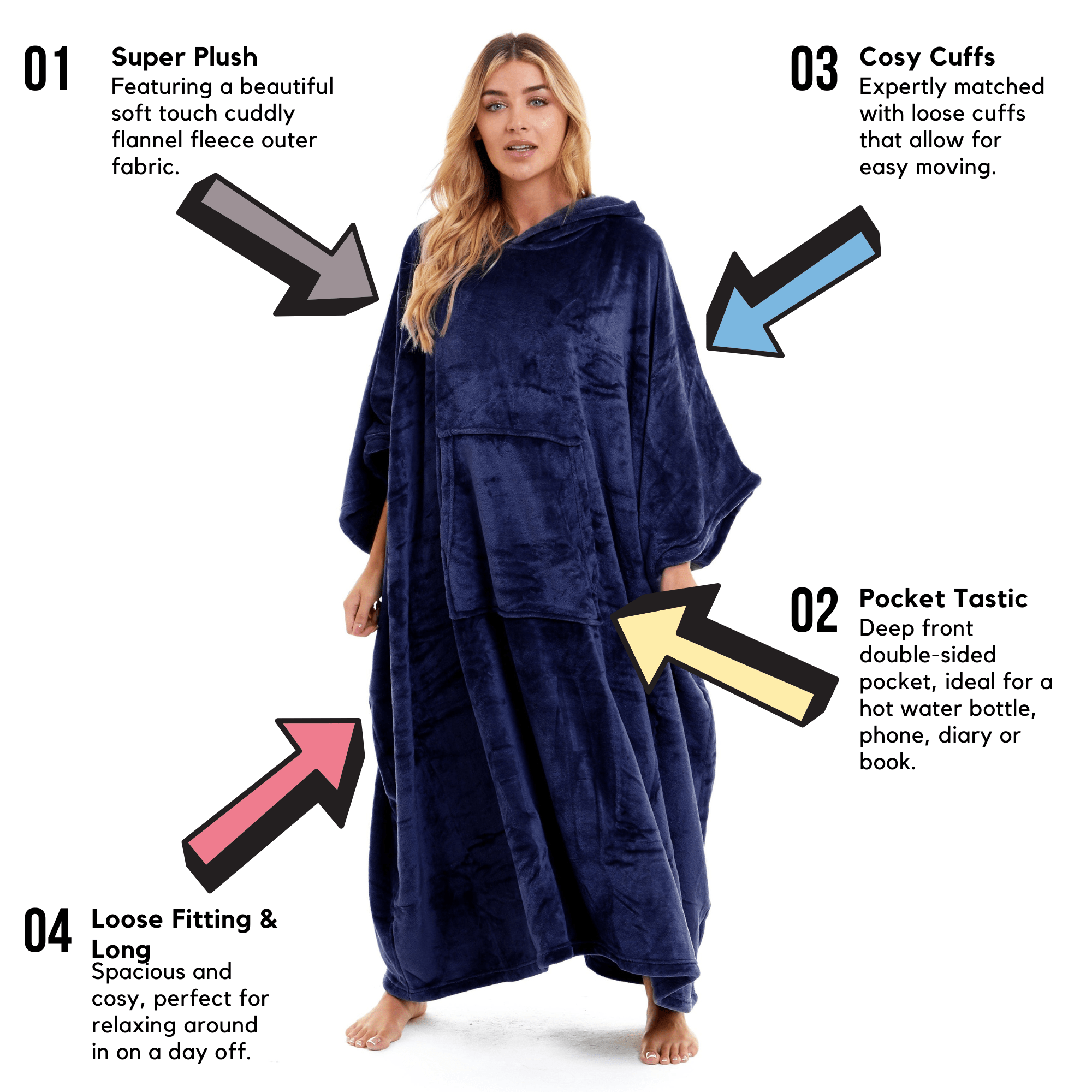 OLIVIA ROCCO Women's Oversized Hooded Poncho Blanket Plush Fleece Navy Charcoal With Double Front Pocket Indoor Outdoor Use