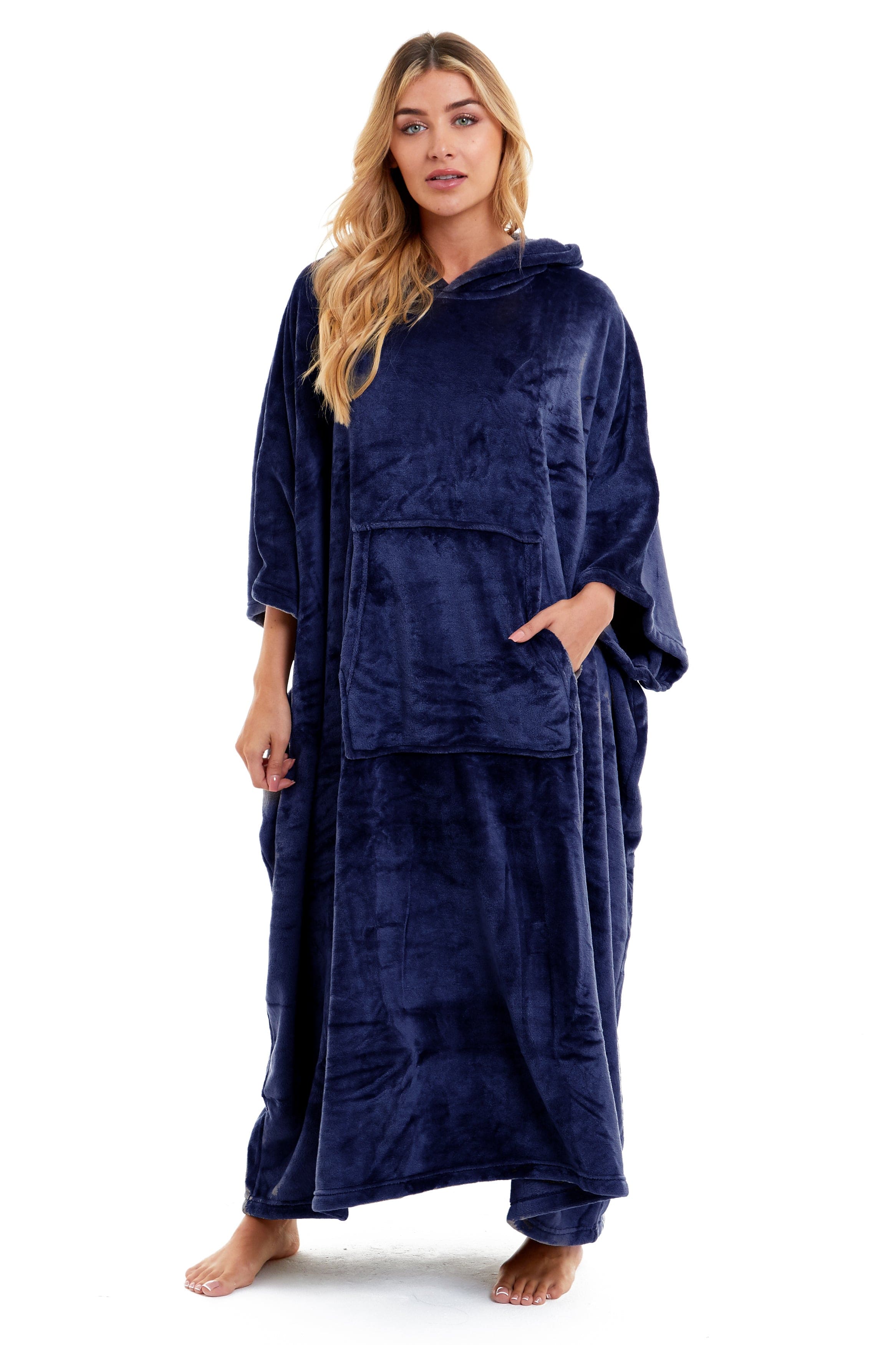 OLIVIA ROCCO Women's Oversized Hooded Poncho Blanket Plush Fleece Navy Charcoal With Double Front Pocket Indoor Outdoor Use