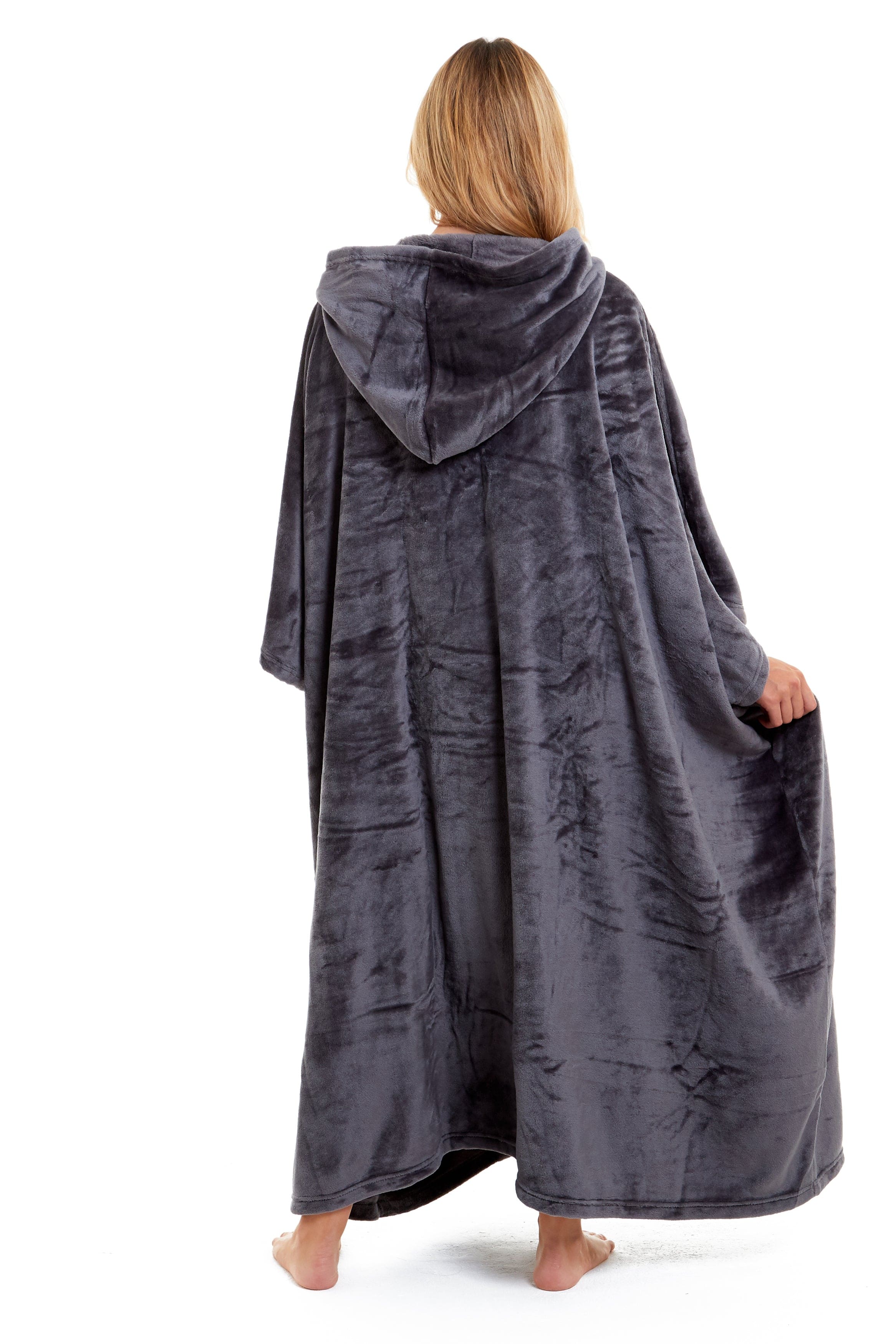 OLIVIA ROCCO Women's Oversized Hooded Poncho Blanket Plush Fleece Navy Charcoal With Double Front Pocket Indoor Outdoor Use