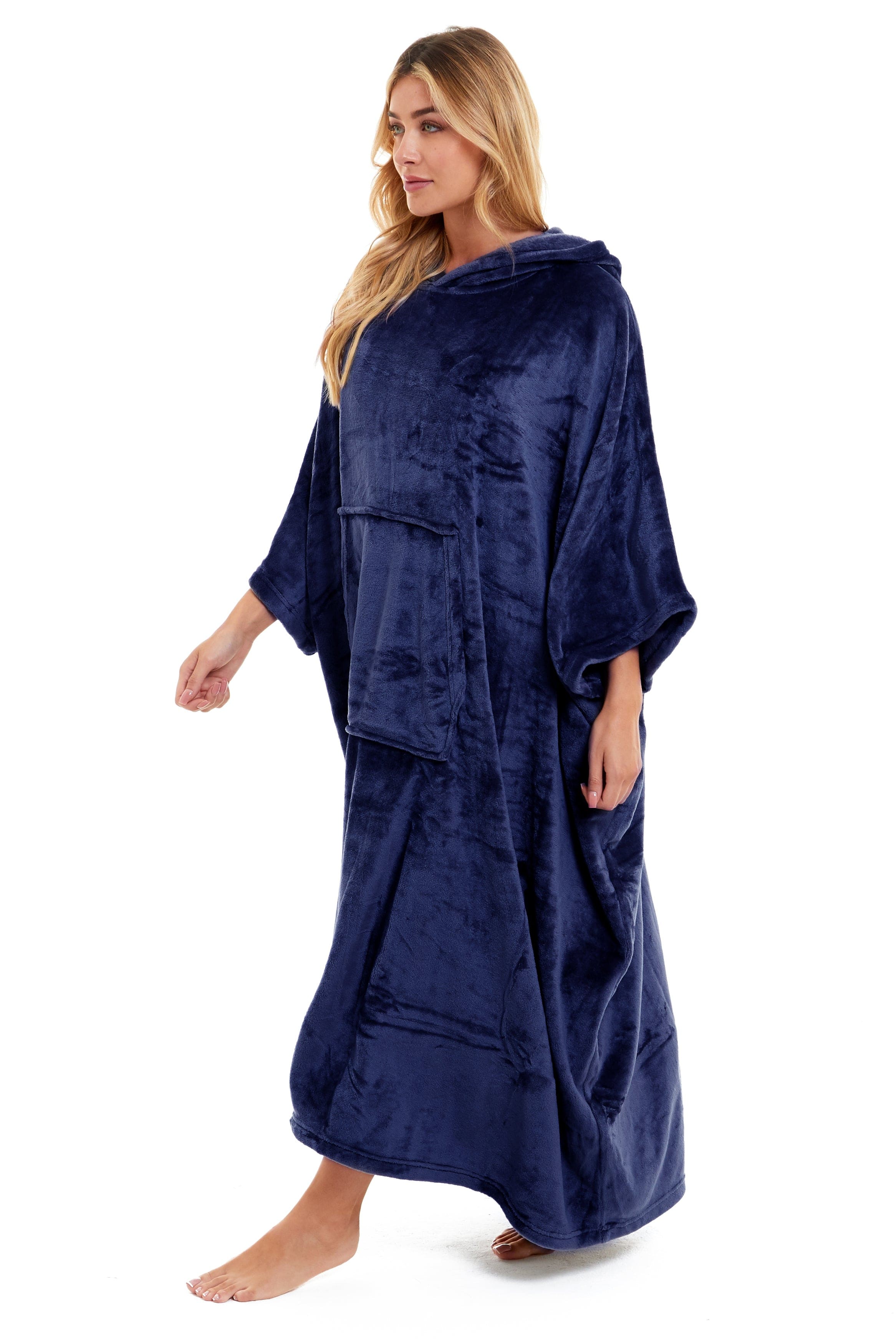 OLIVIA ROCCO Women's Oversized Hooded Poncho Blanket Plush Fleece Navy Charcoal With Double Front Pocket Indoor Outdoor Use