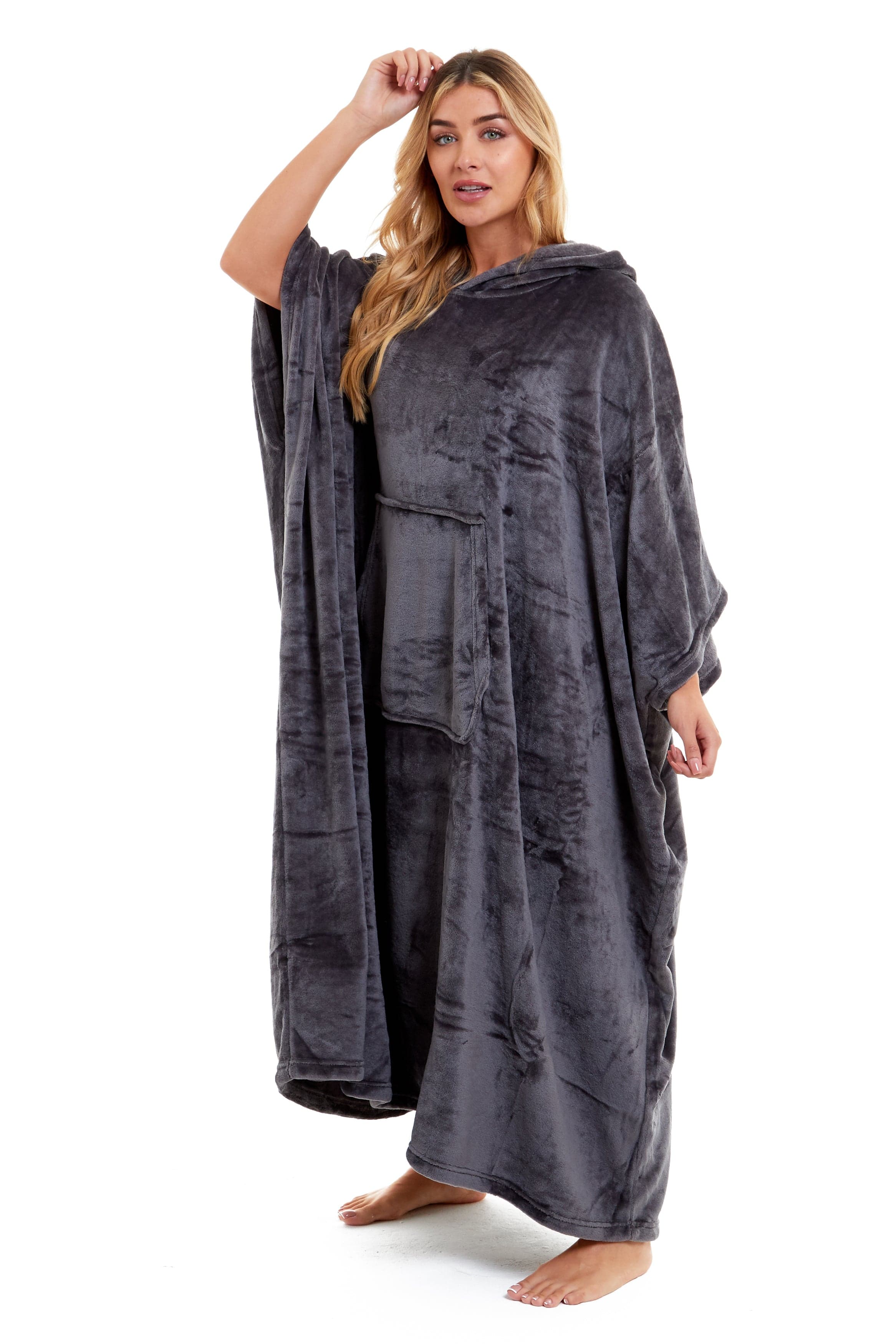 OLIVIA ROCCO Women's Oversized Hooded Poncho Blanket Plush Fleece Navy Charcoal With Double Front Pocket Indoor Outdoor Use