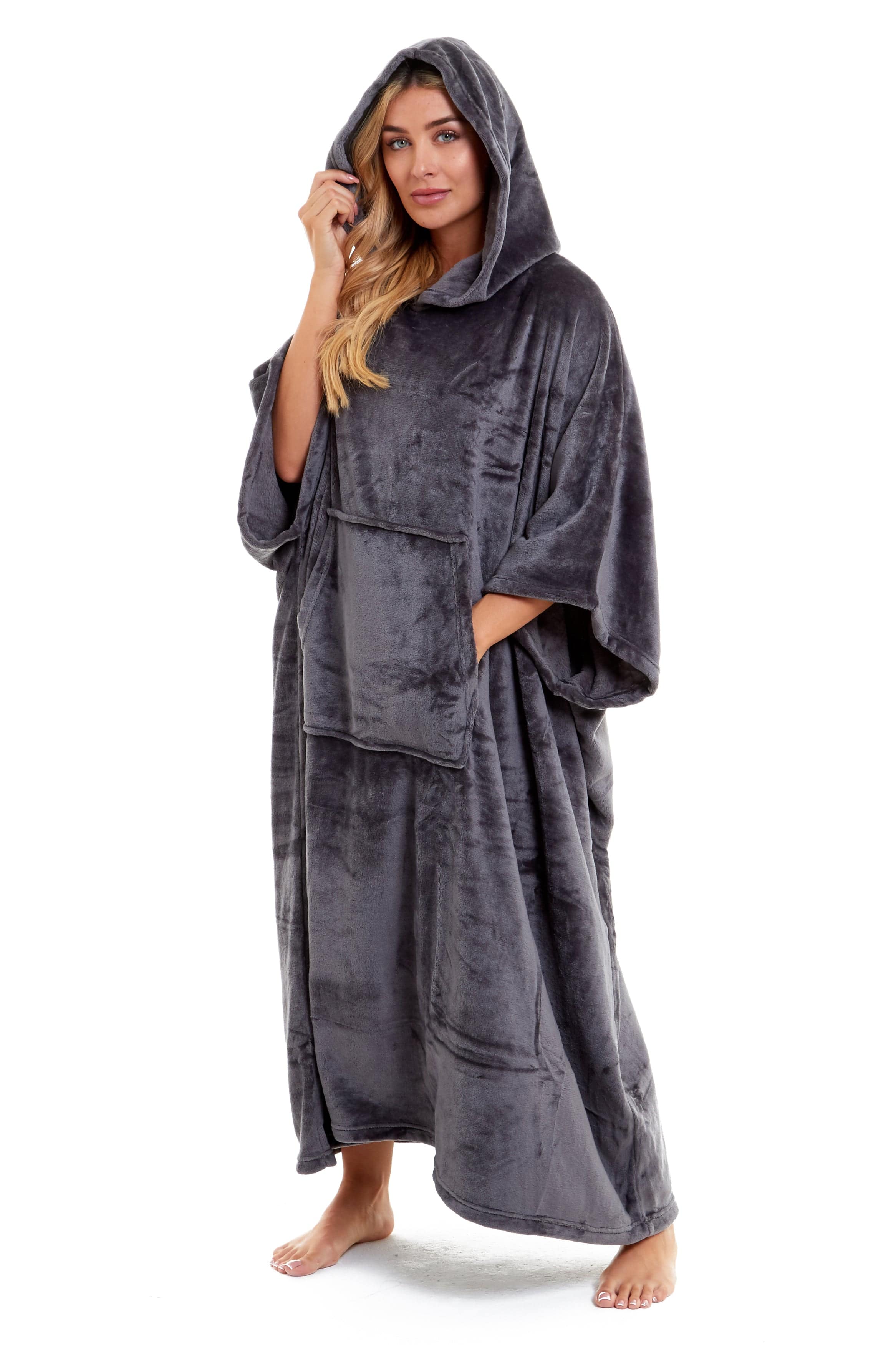 OLIVIA ROCCO Women's Oversized Hooded Poncho Blanket Plush Fleece Navy Charcoal With Double Front Pocket Indoor Outdoor Use