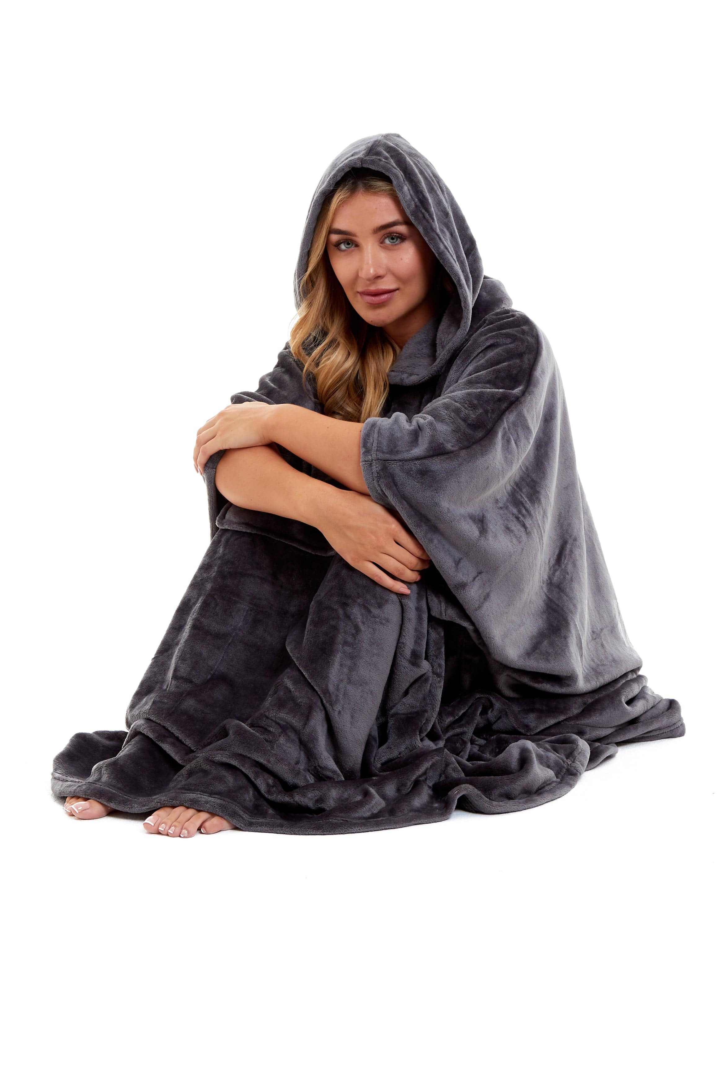 OLIVIA ROCCO Women's Oversized Hooded Poncho Blanket Plush Fleece Navy Charcoal With Double Front Pocket Indoor Outdoor Use