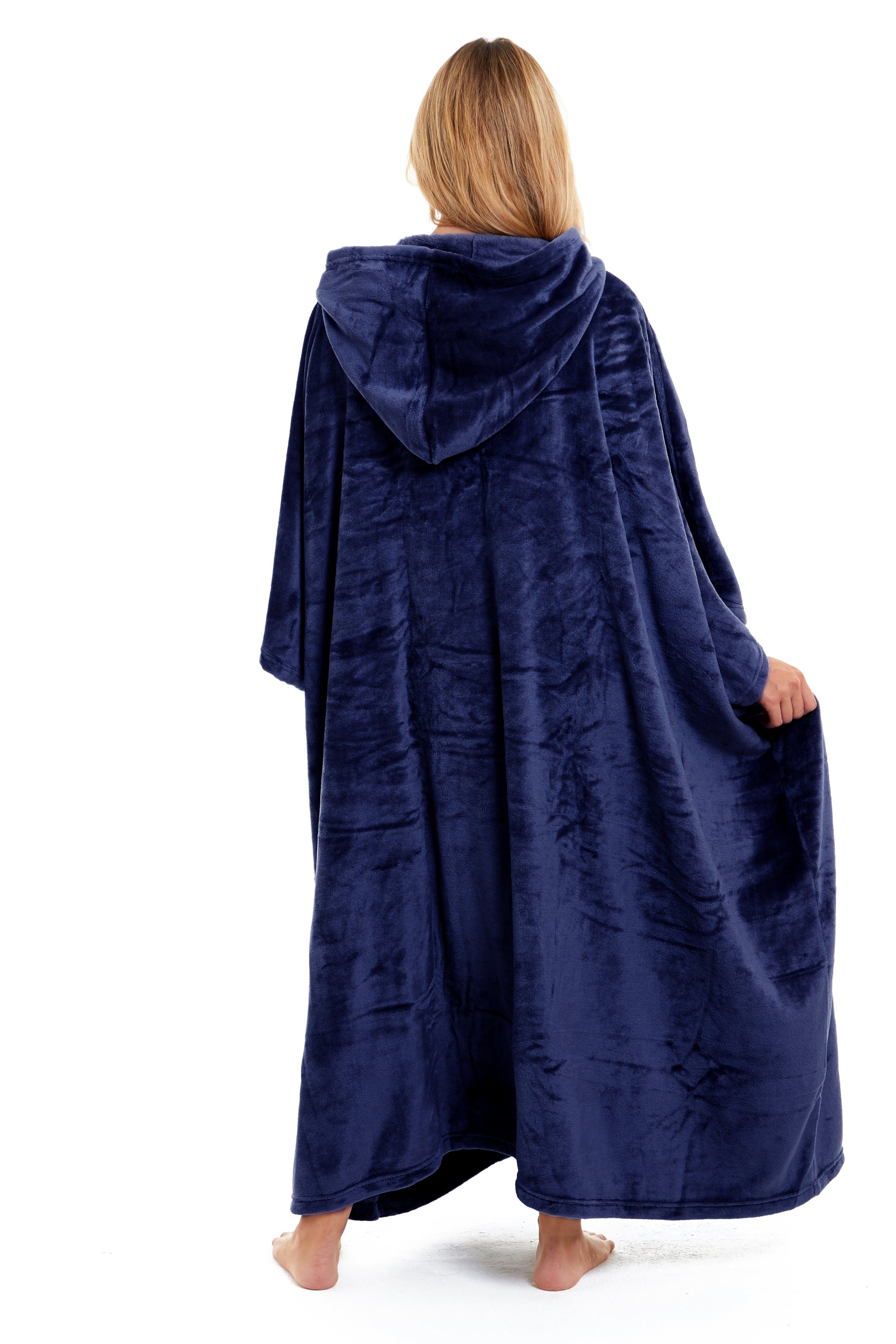 OLIVIA ROCCO Women's Oversized Hooded Poncho Blanket Plush Fleece Navy Charcoal With Double Front Pocket Indoor Outdoor Use
