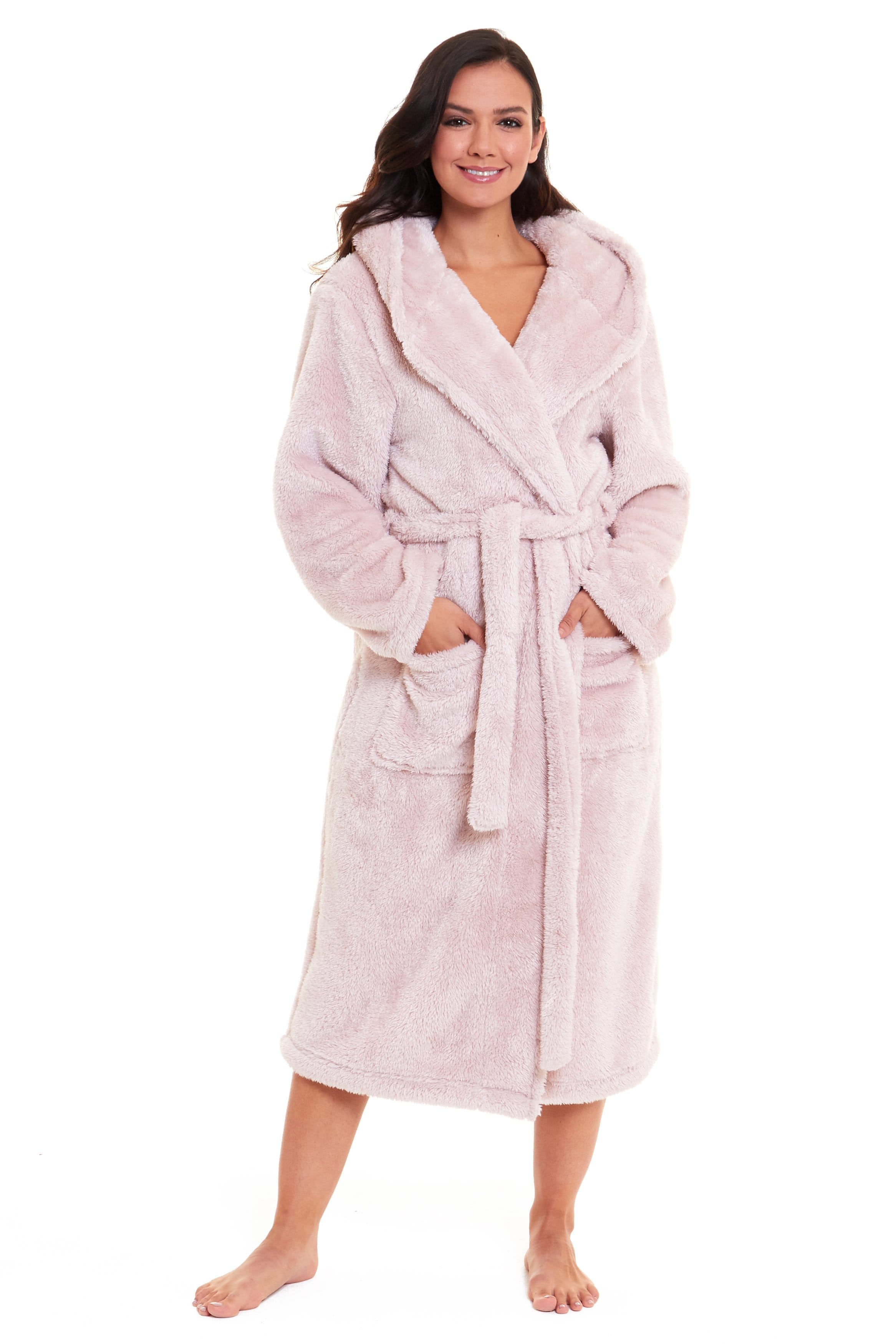 OLIVIA ROCCO Women's Pink Snuggle Fleece Hooded Robe Velvet Touch Dressing Gown Ultra Soft Loungewear For Home UK Sizes 8 To 22