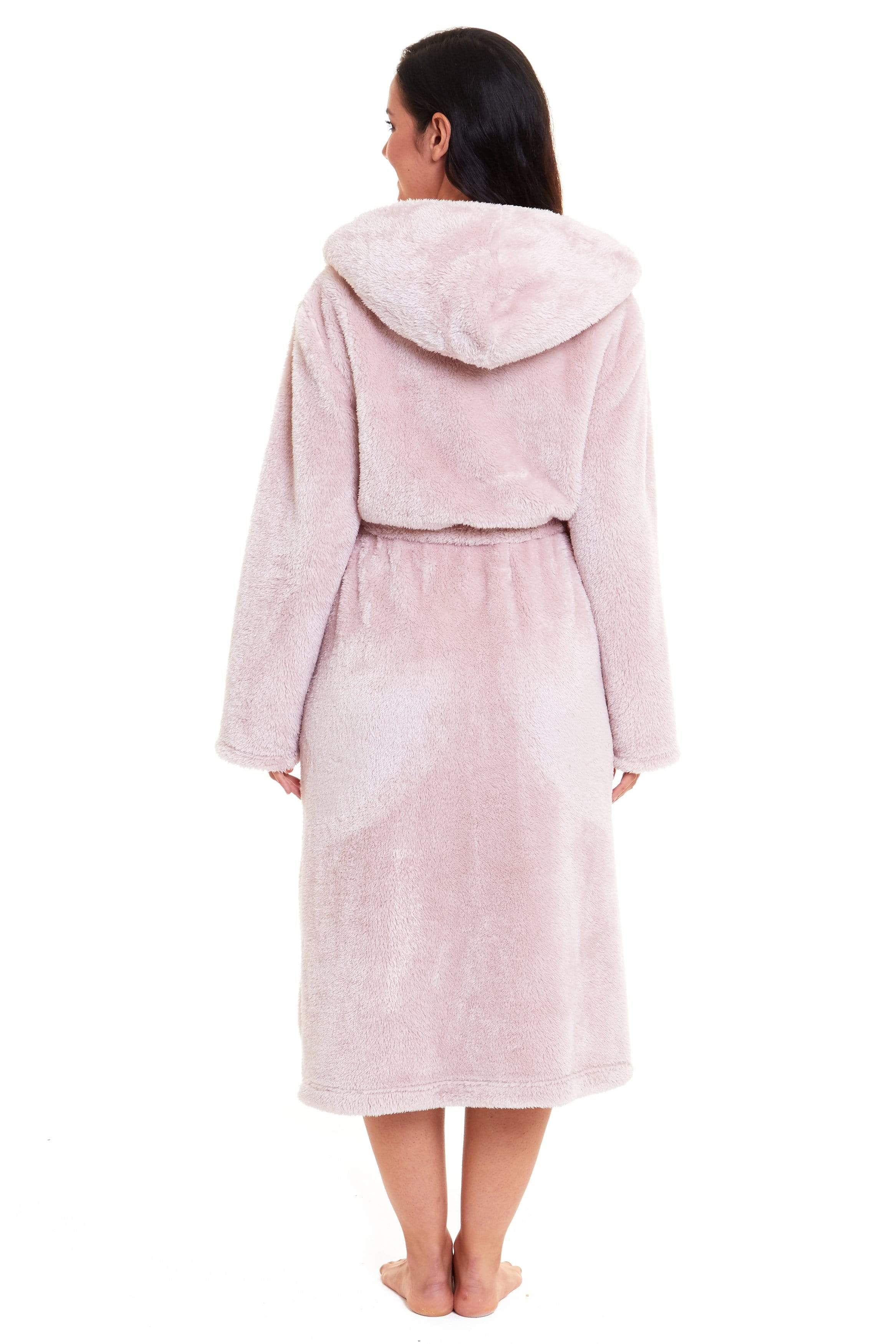 OLIVIA ROCCO Women's Pink Snuggle Fleece Hooded Robe Velvet Touch Dressing Gown Ultra Soft Loungewear For Home UK Sizes 8 To 22