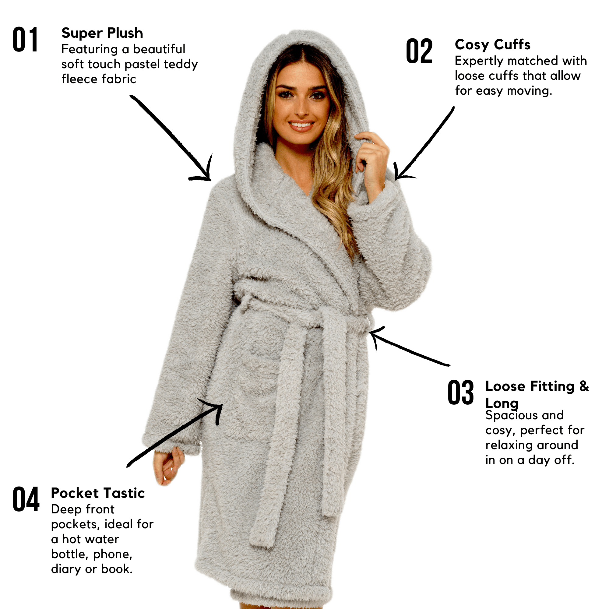 OLIVIA ROCCO Women's Teddy Fleece Hooded Robe Grey Sherpa Lined Ultra Soft Dressing Gown For Cozy Lounging And Warm Nightwear
