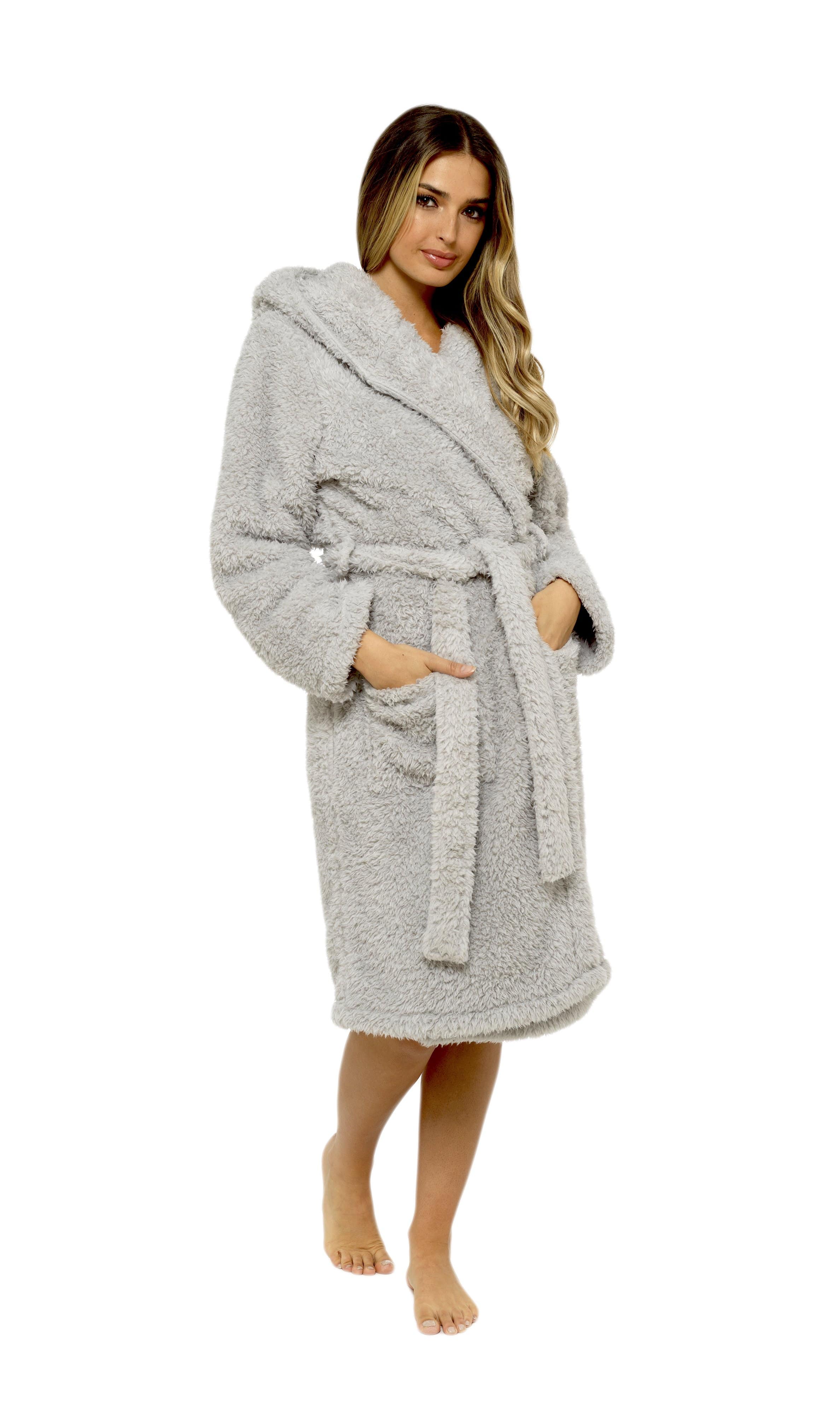 OLIVIA ROCCO Women's Teddy Fleece Hooded Robe Grey Sherpa Lined Ultra Soft Dressing Gown For Cozy Lounging And Warm Nightwear