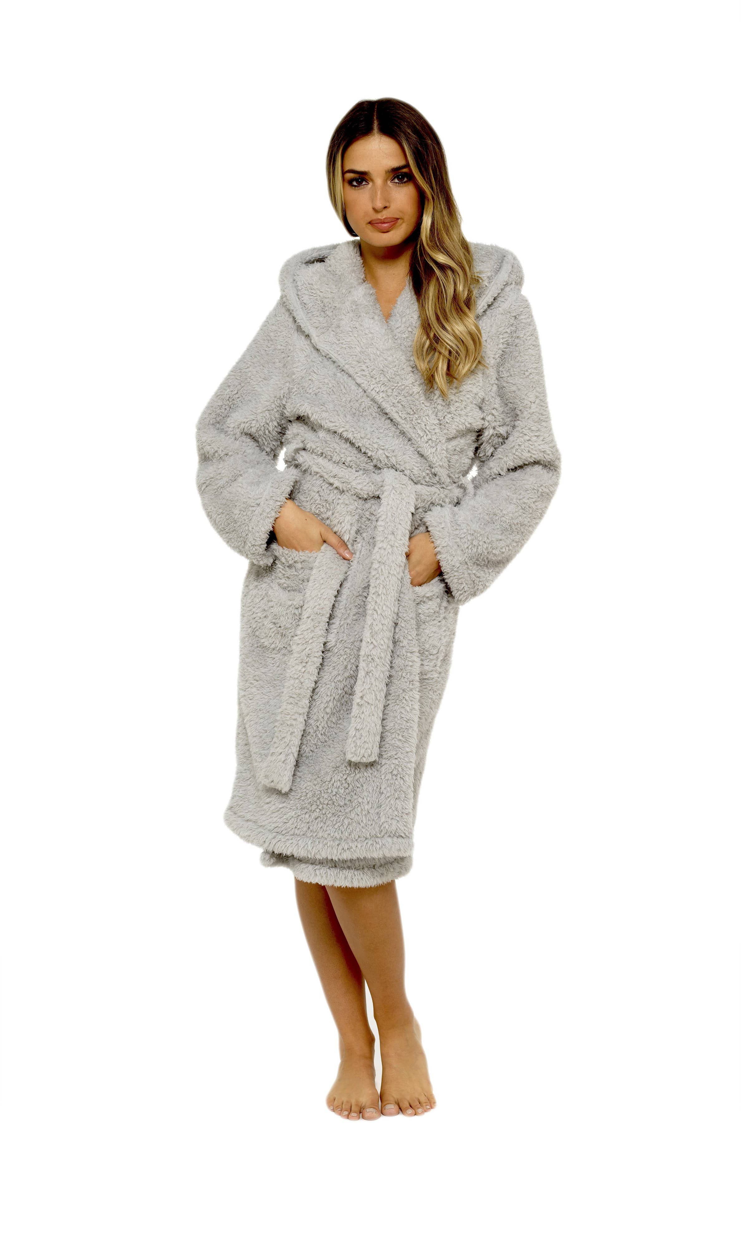 OLIVIA ROCCO Women's Teddy Fleece Hooded Robe Grey Sherpa Lined Ultra Soft Dressing Gown For Cozy Lounging And Warm Nightwear