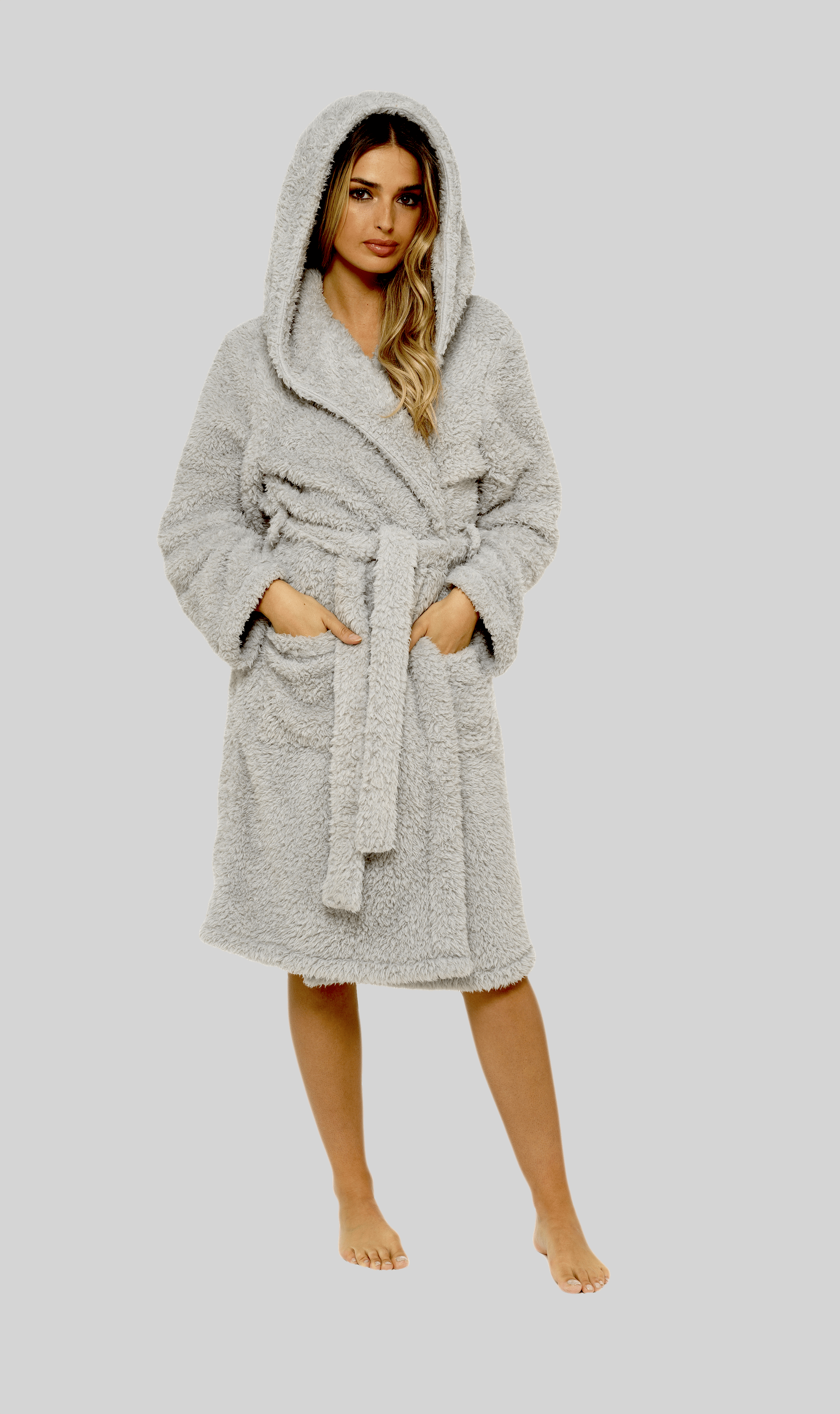 OLIVIA ROCCO Women's Teddy Fleece Hooded Robe Grey Sherpa Lined Ultra Soft Dressing Gown For Cozy Lounging And Warm Nightwear