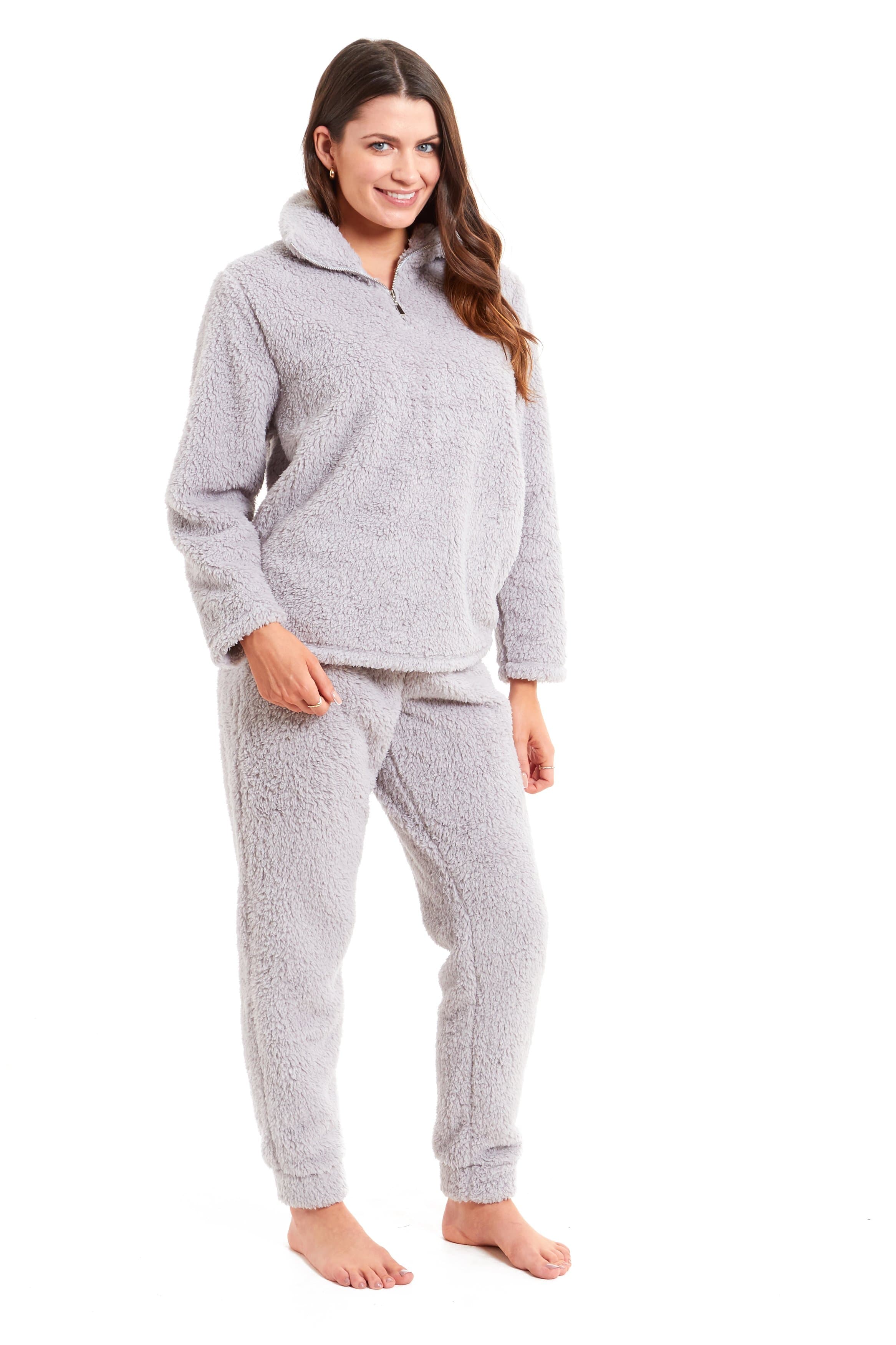 OLIVIA ROCCO Women's Teddy Fleece Lounge Set Zip Up Pyjama with Elasticated Waistband Cozy Fluffy Nightwear Relaxed Fit Design For Home