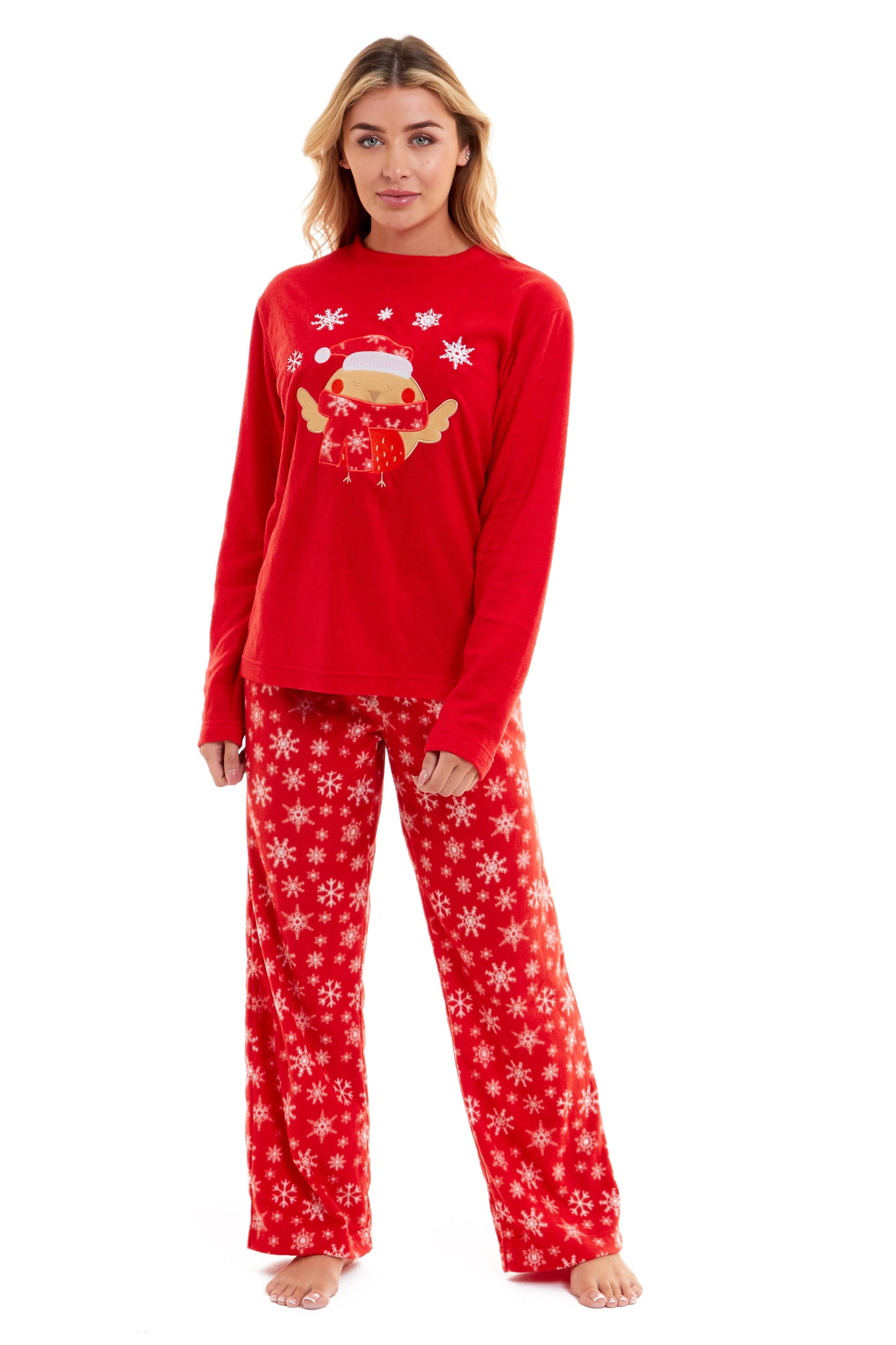 OLIVIA ROCCO Women's Polar Fleece Pyjama Set Festive Robin Design Warm Winter Nightwear Loungewear Christmas Gift For Women