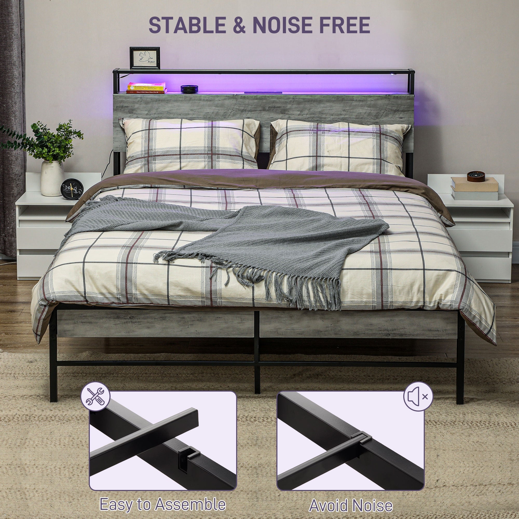 HOMCOM LED Double Bed Frame with Charging Station, 135 x 190cm, Cement Grey