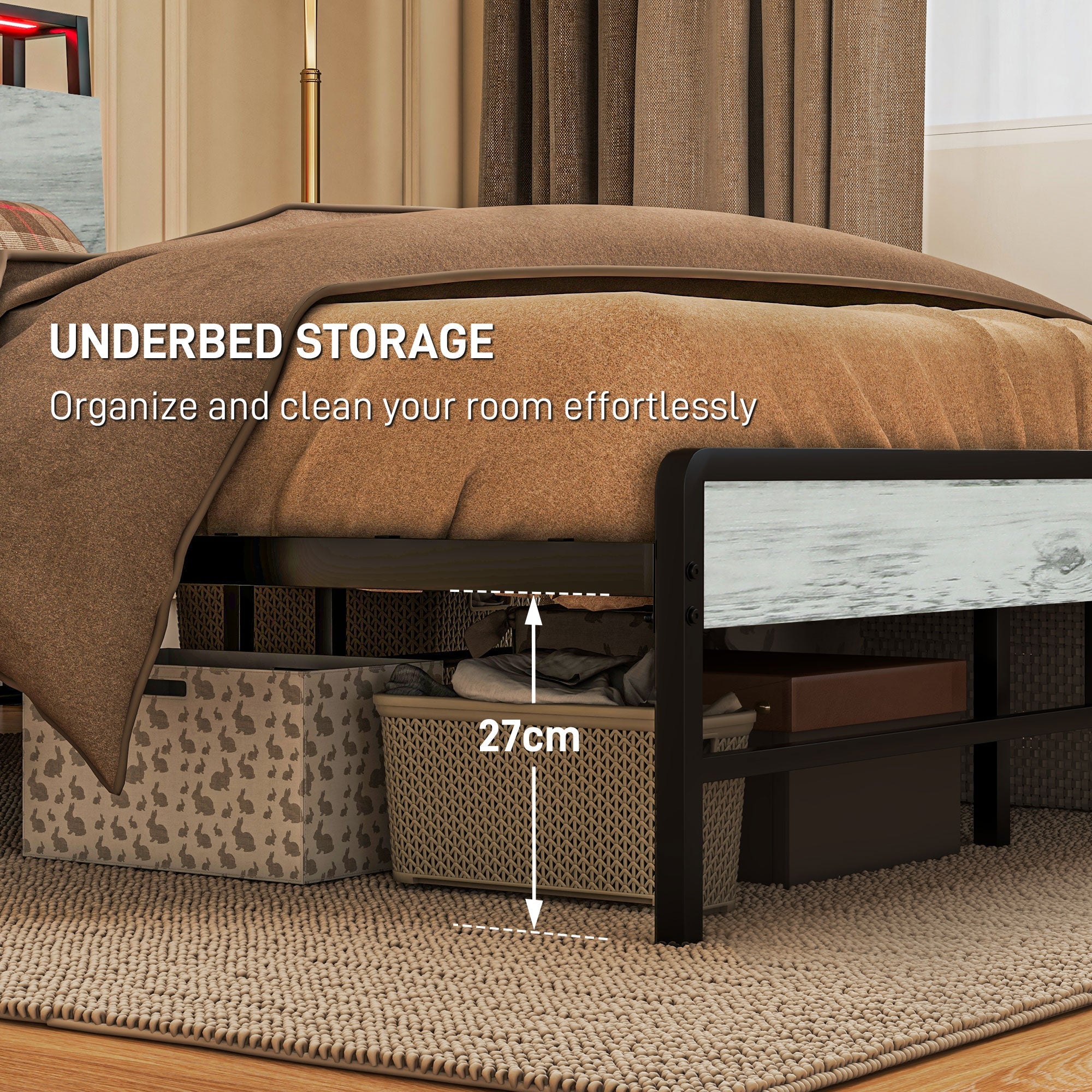 HOMCOM LED Double Bed Frame with Charging Station, 135 x 190cm, Cement Grey