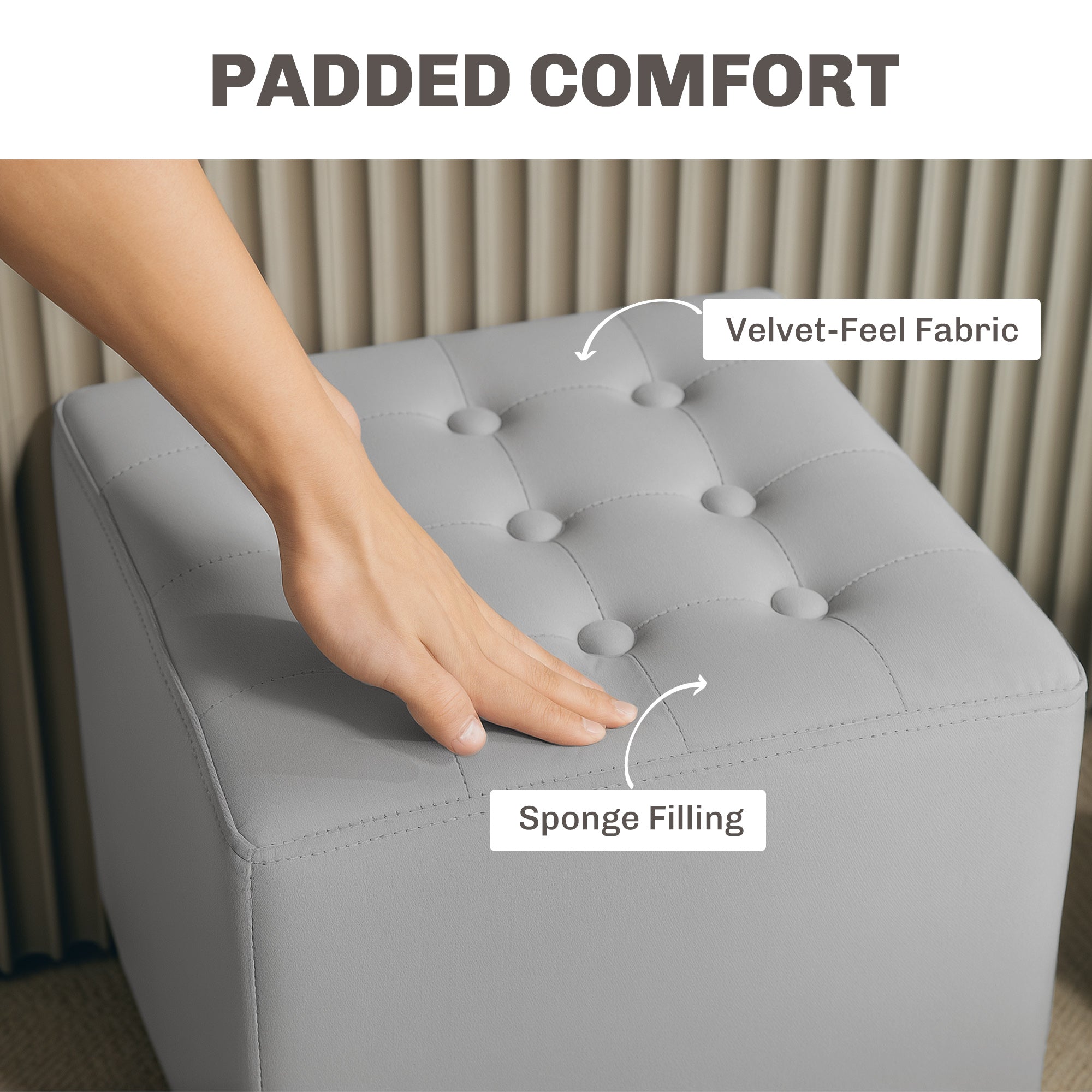 HOMCOM Square Footstool Small Ottoman w/ Wood Legs for Bedroom Light Grey