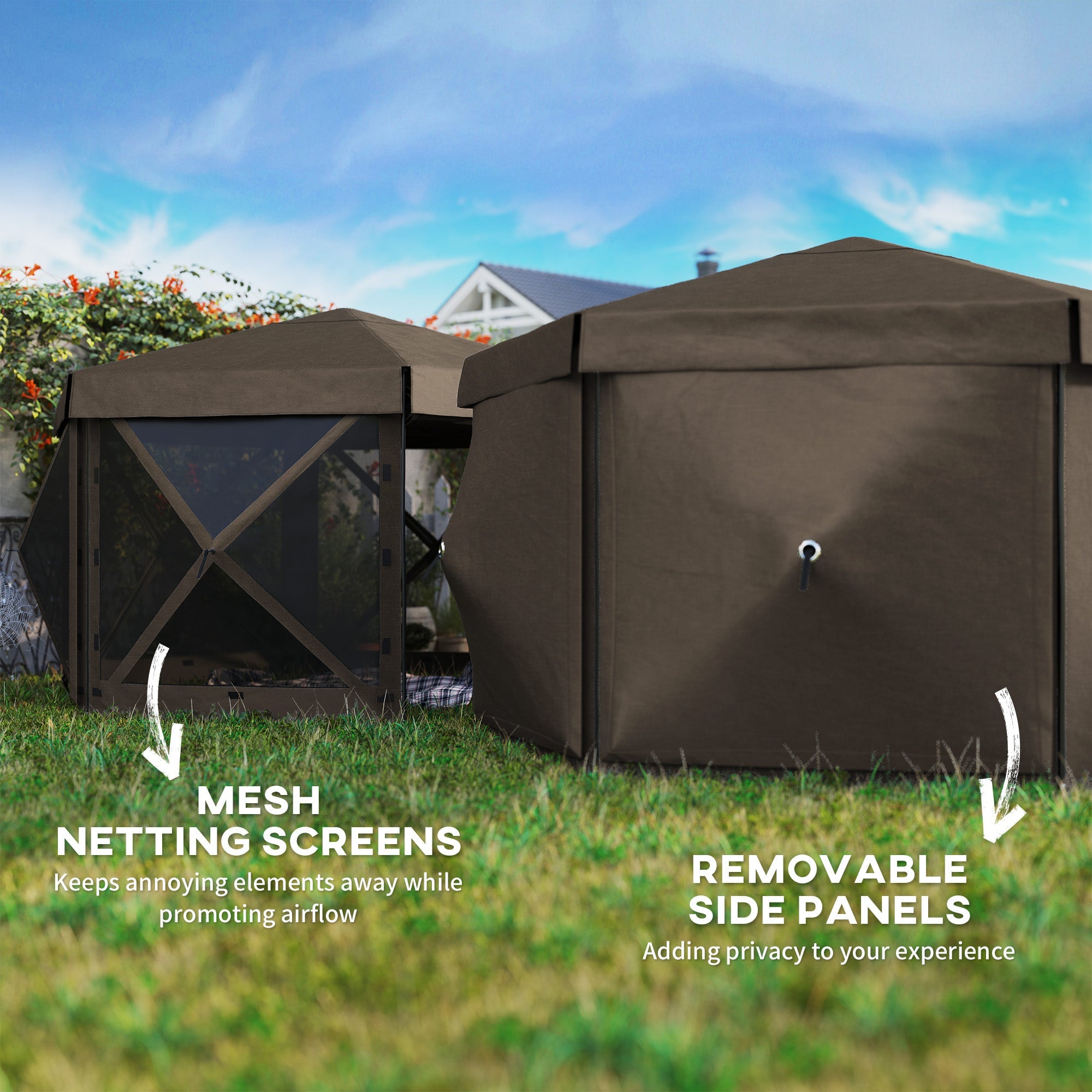 Outsunny 3 x 3(m) Hexagon Pop Up Gazebo with 5 Sides, Netting, Brown