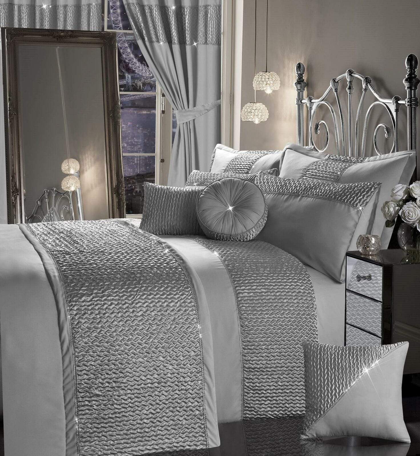 OLIVIA ROCCO Zenia Duvet Cover Set With Quilted Trim And Diamante Detailing For Luxurious Sleep In Single Double King Super King