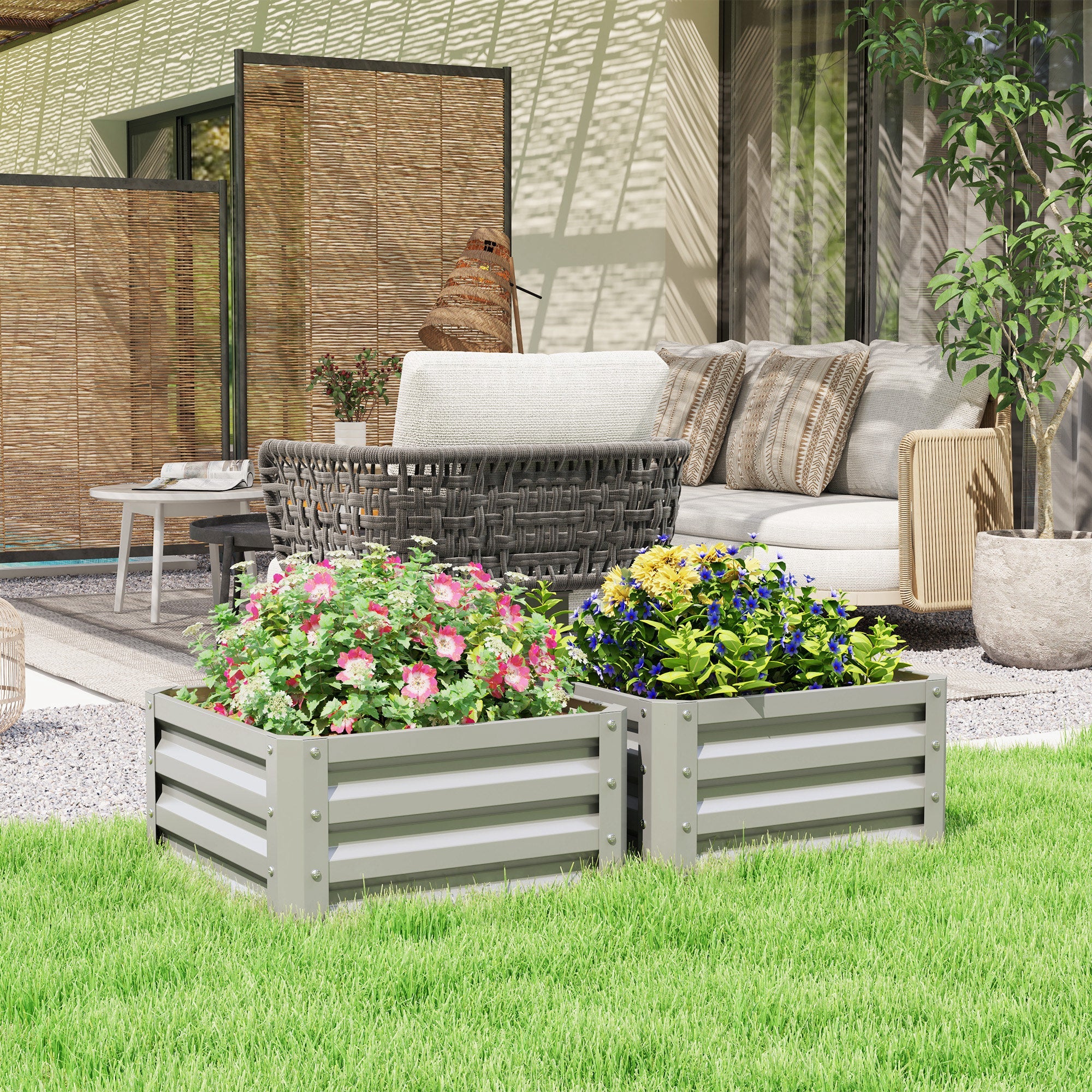 Outsunny Set of 2 Raised Garden Bed Galvanised Planter Box, Light Grey
