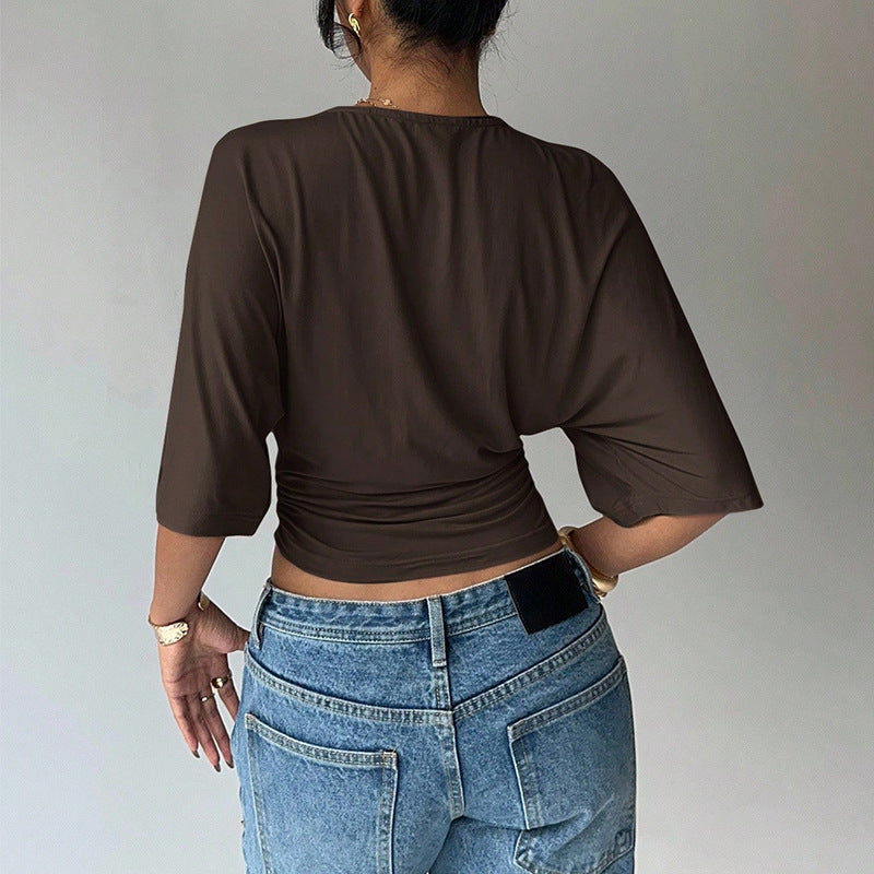 Women's Solid-Color Cropped Mid-sleeve T-shirt Short Fitted Top