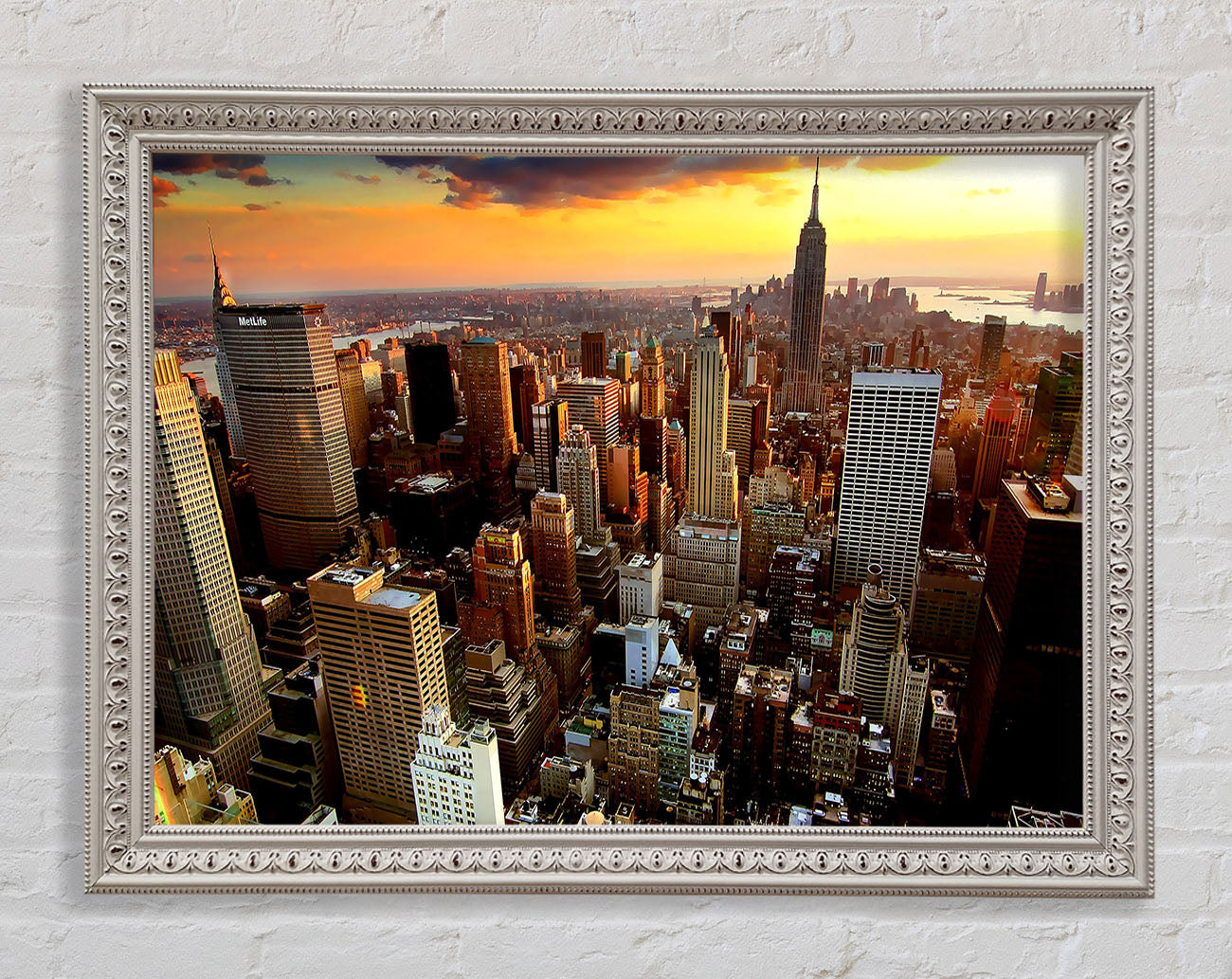 Aerial View Of New York City Sunset Framed Wall Art