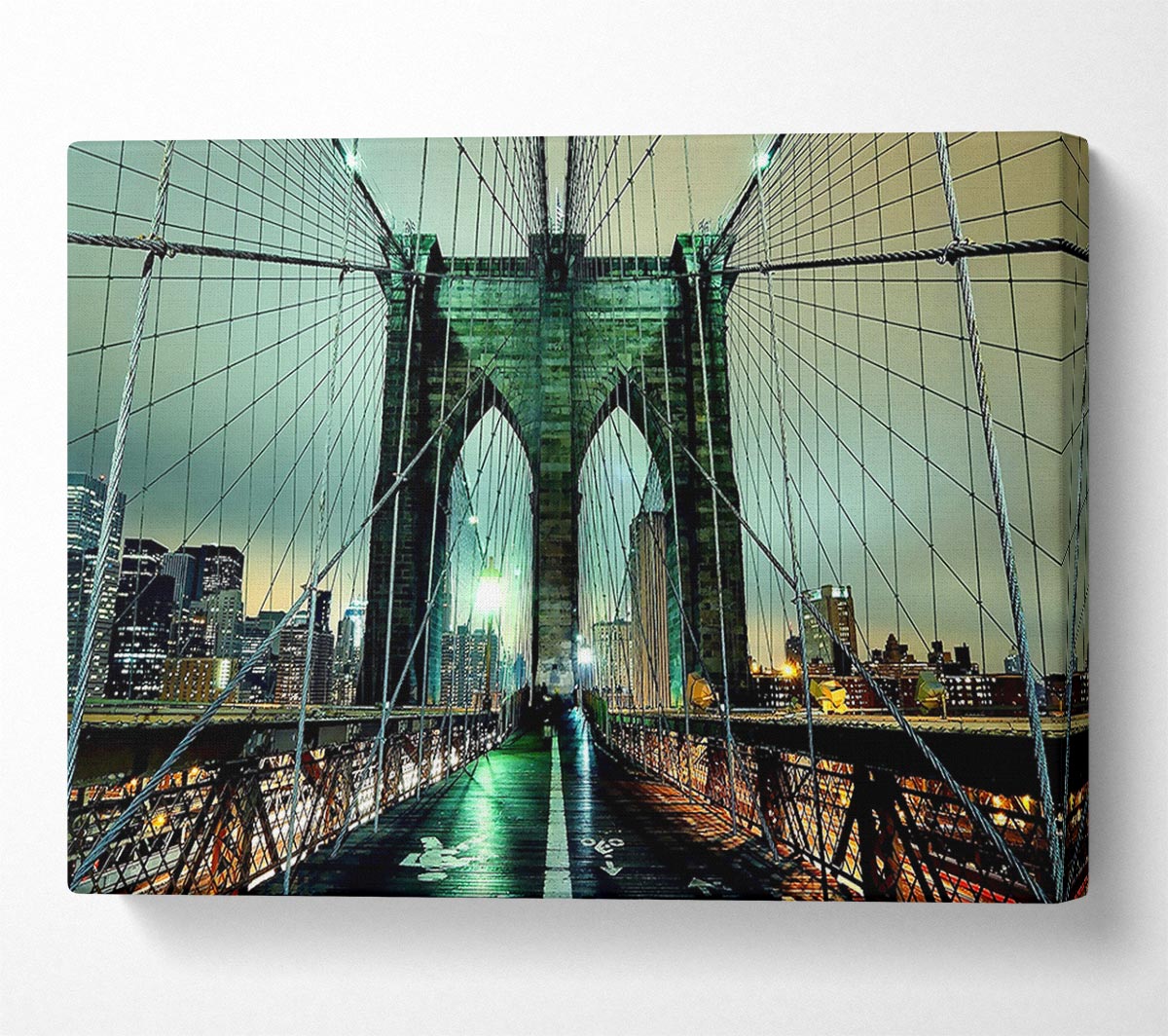 Brooklyn Bridge At Night Green Glow Canvas Wall Art