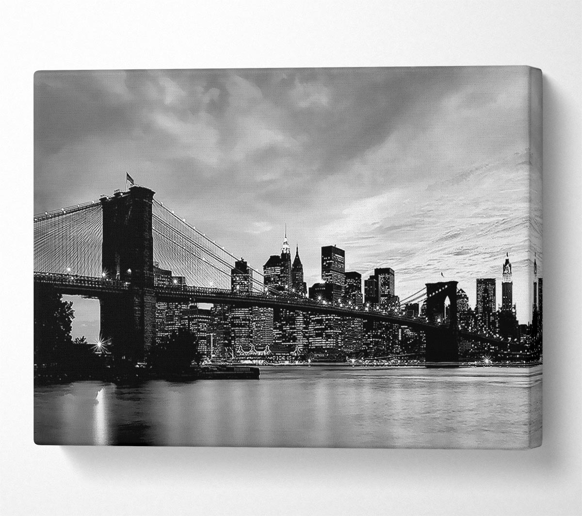 NYC Brooklyn Bridge B n W Cloudy Night Canvas Wall Art