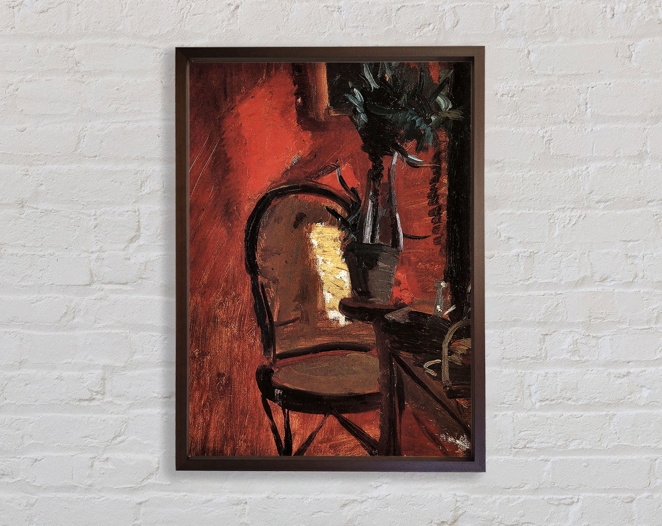 Anna Ancher Chair With A Plant In Front Of Red Wall Framed Wall Art