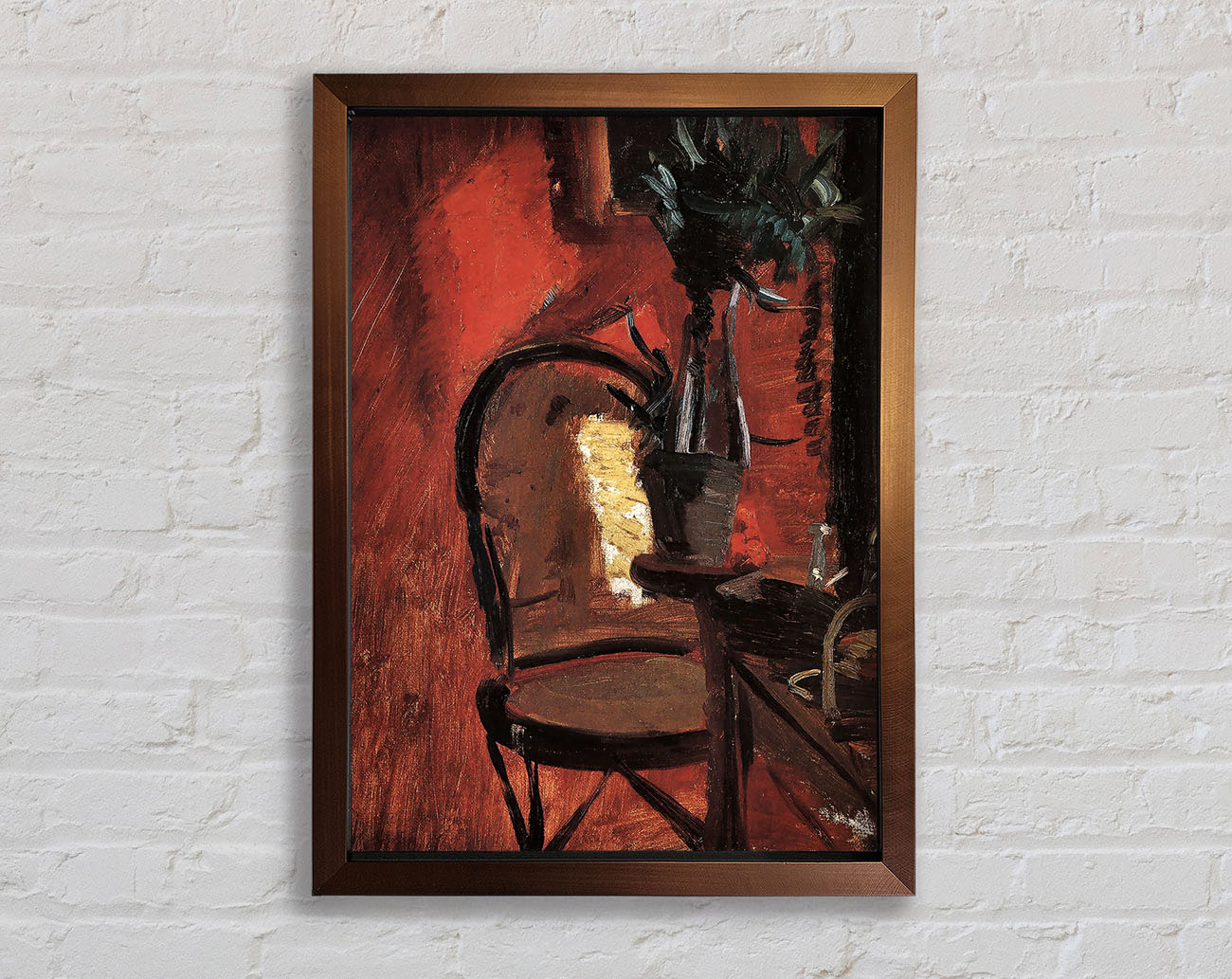Anna Ancher Chair With A Plant In Front Of Red Wall Framed Wall Art