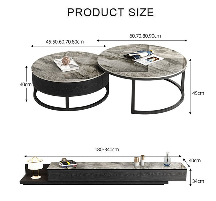 Gibs Extendable TV Stand, Sintered Stone And Black Wood