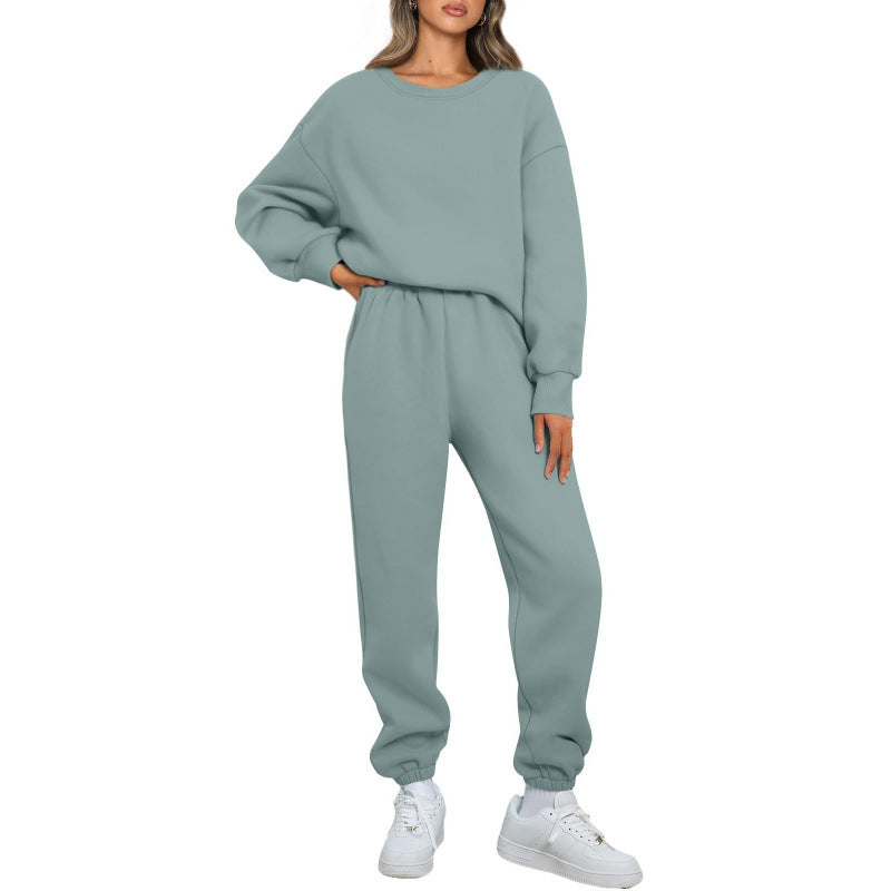 Winter Solid-color Fashionable Crew-neck Pullover With Fleece Lining