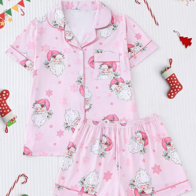 Cute Cartoon Pajama Set With A Turn-down Collar Short Sleeves