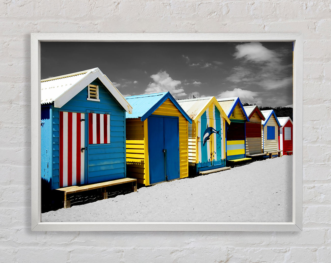 Colourful Beach Huts On B n W Framed Wall Art