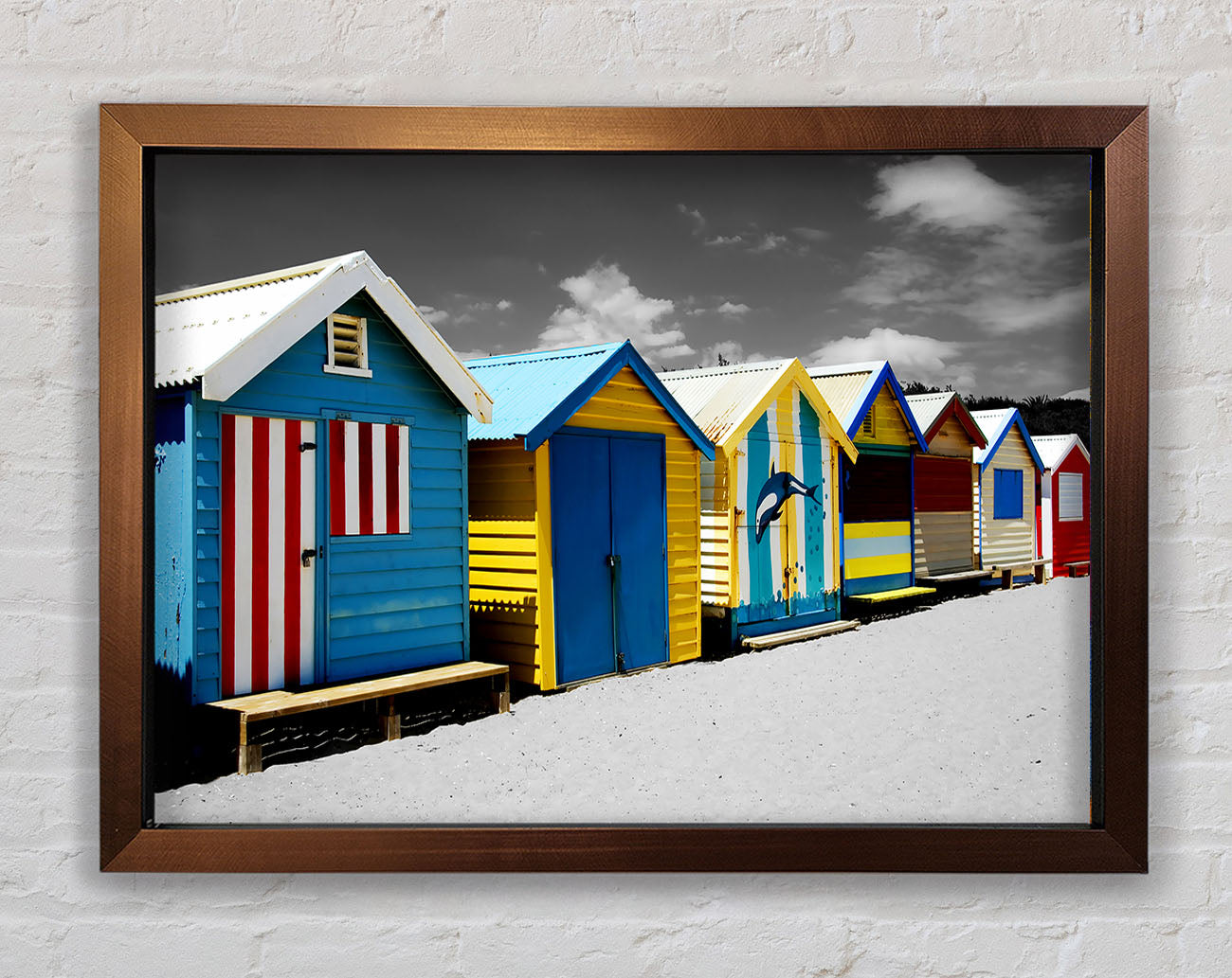 Colourful Beach Huts On B n W Framed Wall Art
